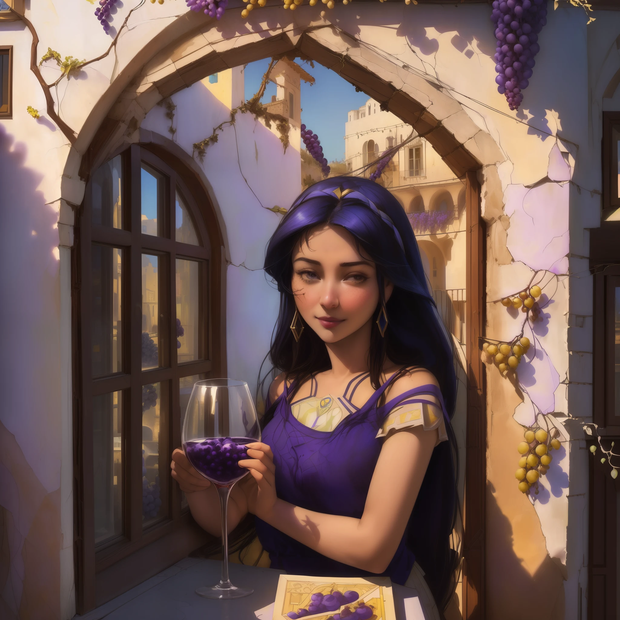 close up street shop , window in a mediterranean house, window on old wall , sfw smiling happy (( upper body, )) solo gipsy girl selling grape juice from a window, beside of a menu, long hair gipsy girl ((( the background: wall of a mediterranean house open window on the street , with cracks in the wall and grapes tree branches and grapes in a window , mediterranean house window, realistic render, realistic artstyle, artwork in the style of guweiz, mediterranean house window, a poster of attractive gypsy girl selling grape juice from a mediterranean house window ,a cartoon of a girl holding a glass of grape juice in f menu photo, screencapture, illustration, standing in window, drawn image, ,