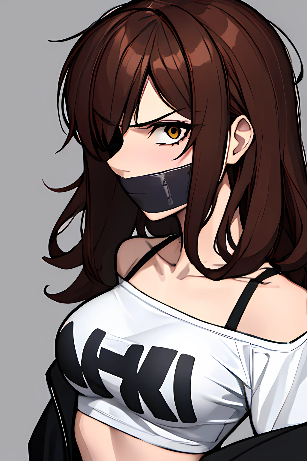 (absurdres, 8k, 4k, masterpiece, hyper extreme detailed:1.2), solo, 1girl, front view, portrait, best quality, expressive eyes, perfect face, 1girl, portrait, solo, standing, Female, toned body, mature female, large breasts, pale, hair covering one eye, dark brown hair, long hair, eyepatch, sarcastic, snarky, soldier, hazel eyes, delinquent, sarcastic, crazy eyes, messy hair, swept bangs, midriff, hand on head, hand on shoulder, exposed collarbone, exposed left shoulder, standing up, annoyed, half body, graphic t-shirt, shorts, jacket, white shirt, graphic t-shirt, tape gag