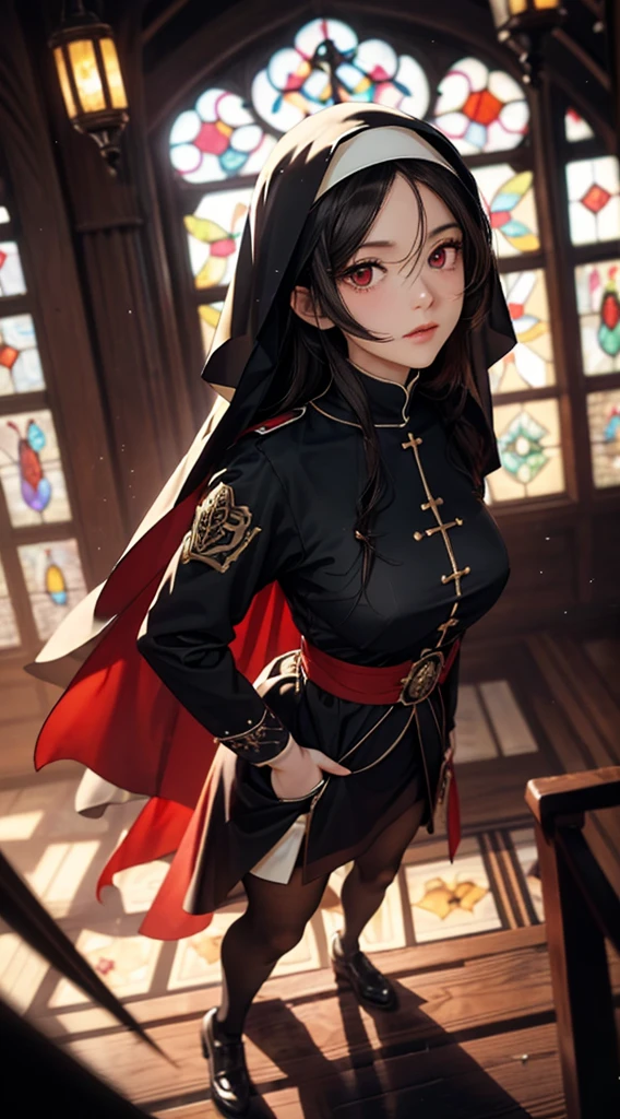 ((8k wallpaper of extremely detailed CG unit, ​masterpiece, hight resolution, top-quality)), (Beautiful nun, Red eyes, Hands in pockets:1.5, wearing a black veil:1.4, Wearing a black monastic uniform:1.4, Wearing black tights:1.4), ((extra detailed face, extremely detailed eye, both eyes are the same color:1.2, extra detailed body, Top quality real texture skins)), (A dark-haired, length hair, de pele branca, Small), (old wooden church, Large stained glass:1.2, warm color), (high-angle:1.2, Fisheye:1.3), hyper realisitic, digitial painting,