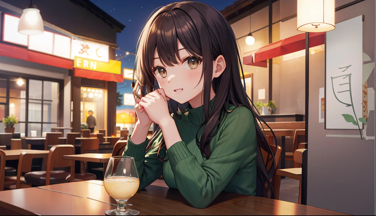 The background is a restaurant、The table、a chair