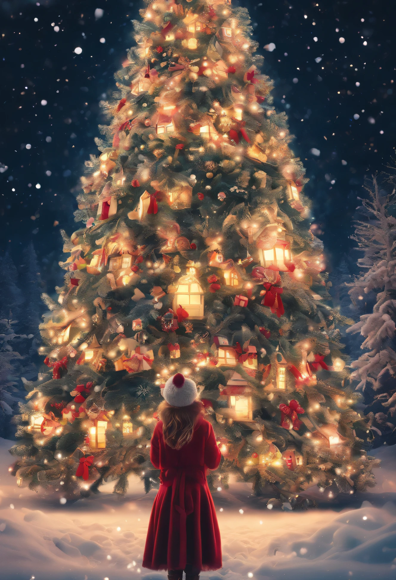 Thick white snow world,A huge 20-meter-tall Christmas tree stands in the center of the fairy tale town,hori'Gypsophila lantern,diamond,Christmas tree branches covered with thick snow,match lamp,The sky still snowing,The girl clasped her hands together,Make beautiful vows in front of the Christmas tree,girl facing audience,ultra HD picture quality,Ultra-detailed depiction,Contrast color development,proporções perfeitas,dream love beautiful,逼真光线,Uptrend,tmasterpiece,handwriting,8K,Cinematic texture,complicated decoration,Christmas close-up,Close view of couple under tree,Christmas tree close up,increase the brightness,Picture ultra high definition