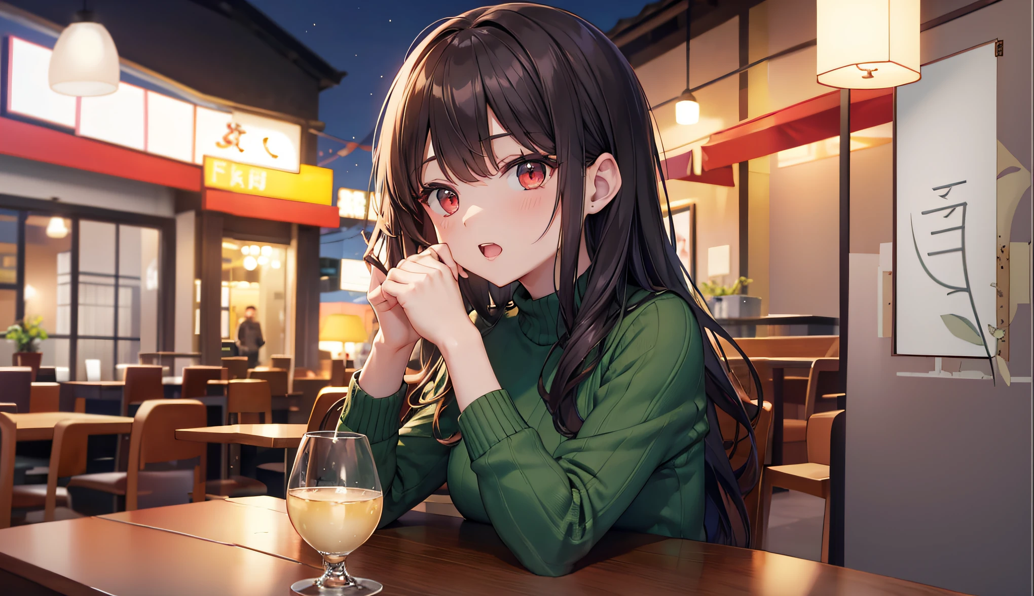 The background is a restaurant、The table、a chair