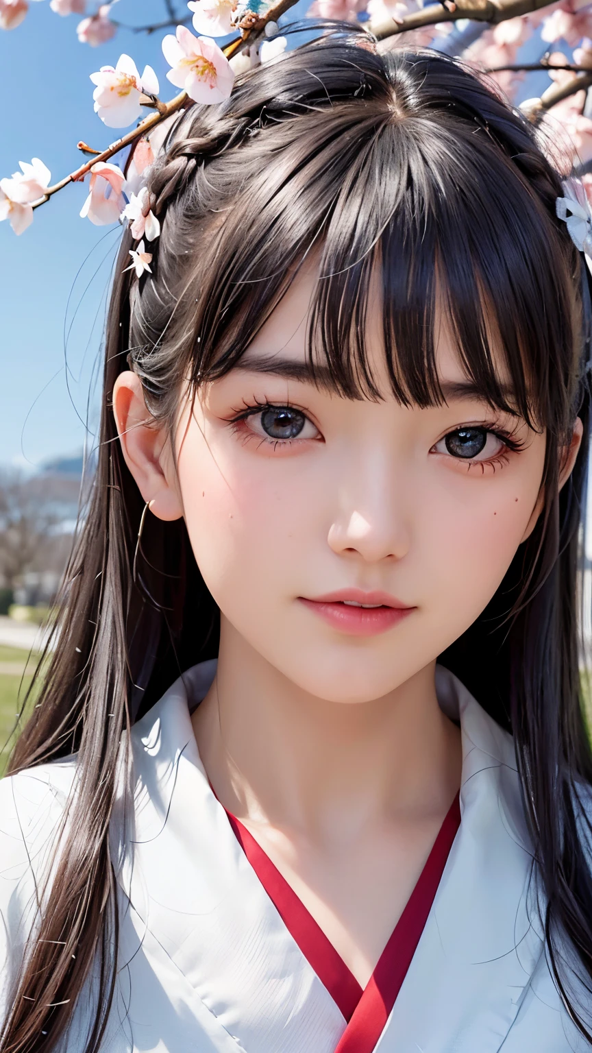 (A logo、​masterpiece、8K、masutepiece、Raw photo、Fantastic、Best Quality、Photorealistic、extremely detailed CG unified 8k wallpaper、hightquality、ighly detailed、epic poem、Particle effect、Dynamic effects、depth of fields、Cinematic Light、Lens Flare、Ray tracing)、Fantasia、 (1 beautiful woman in a white coat、robe blanche、Japanese dress、White cherry blossom pattern、A dark-haired、Beautiful face、Real Face、Beautiful detail eyes、Beautiful skin)、Hair flutters in the wind、Hair jumps、Pink cherry blossom tree、Petals flutter、Sakura blizzard、Superb view、morning glow、Sun in the background、the wind、Deities、tusk、myth、Vast Land、