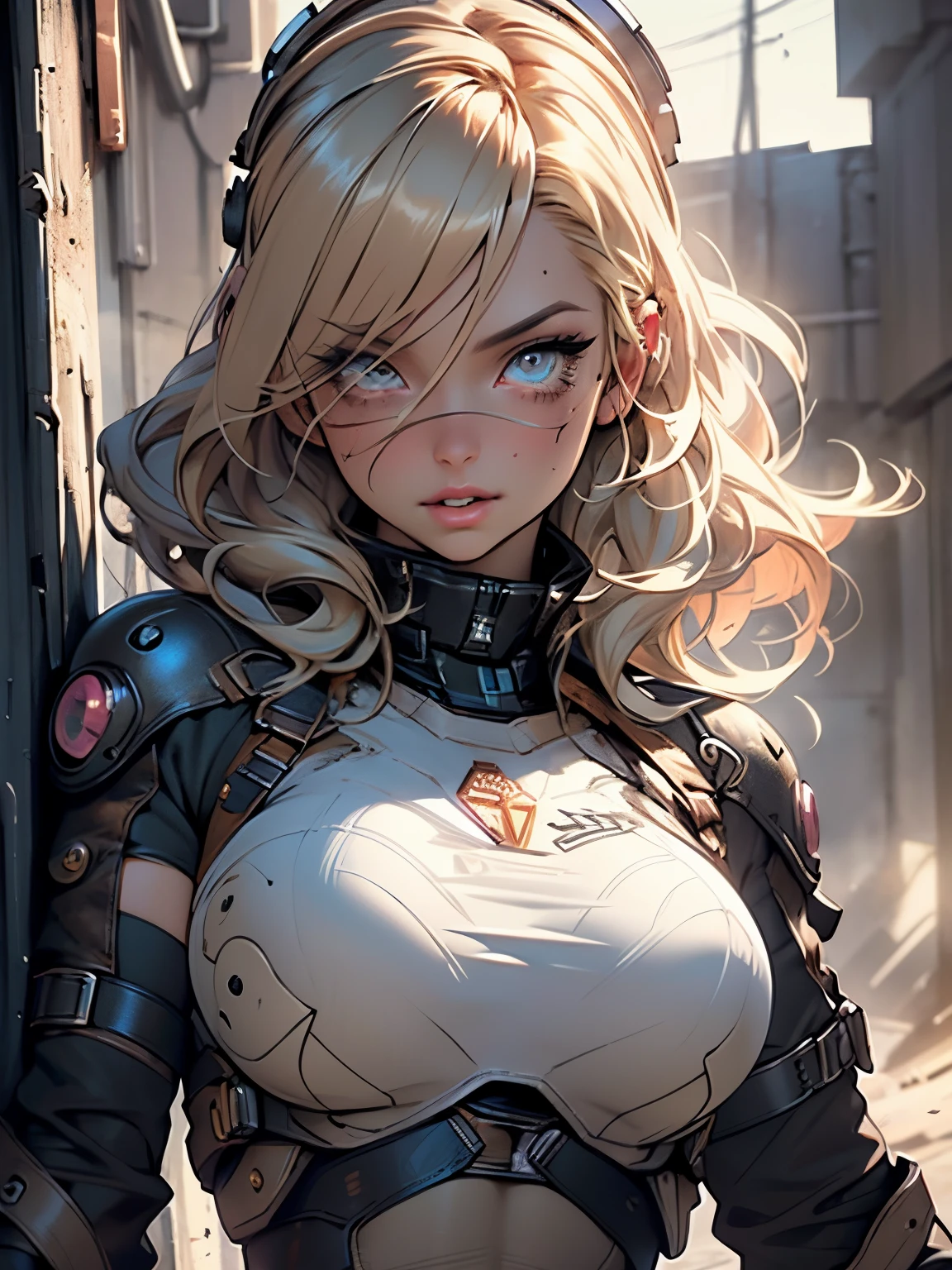 PERFECT MASTERPIECE, EXTREMELY DETAILED CG UNITY 8K UHD QUALITY RESOLUTION, RAW PHOTO, AWARD-WINNING PORTRAIT, OFFICIAL ART, HYPER-DETAILED, PHOTOREALISTIC, SHINY REALISTIC SKIN, The most beautiful and sexy steampunk girl, very long blonde colored hair, vibrant moonlight, long detailed eyelashes, blushing, full pouting pink lips, curvy body type, full hips, super huge enormously gigantic tits, cleavage showing, gigantic tits bursting out of her uniform, wearing a highly detailed post apocalyptic steampunk tactical gear, arching her back in a sexy seductive slutty pose, looking at the viewer, close up pov camera view from below, sexy seductive slutty facial expression, metal fragments and debris blowing in the wind, post apocalyptic wasteland background
