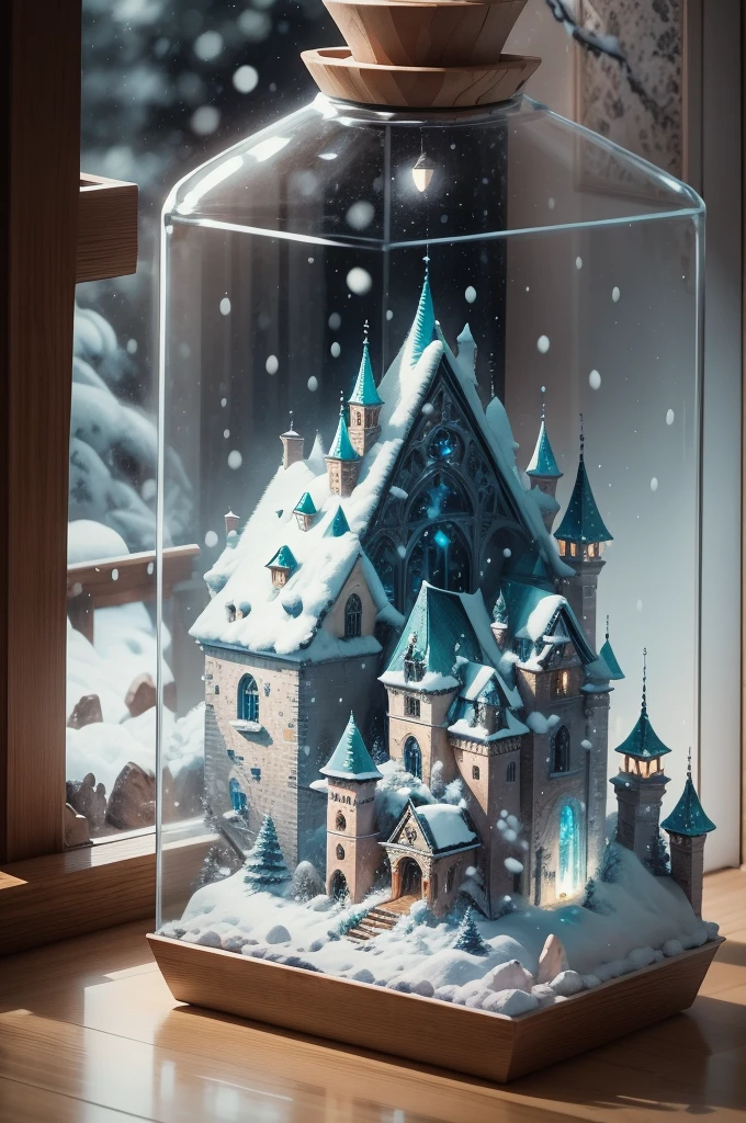 (Ice castle trapped in a bottle、Atmospheric Oliva Lighting、kirakira,4K UHD、Great composition with great detail and vibrant colors、rendering octane、foco nítido、high-resolutionisometric,masterpiece),Miao Bi-shenghua,magical lights,flask:stylish,Dreamy,is on a wooden desk,It's snowing outside the window