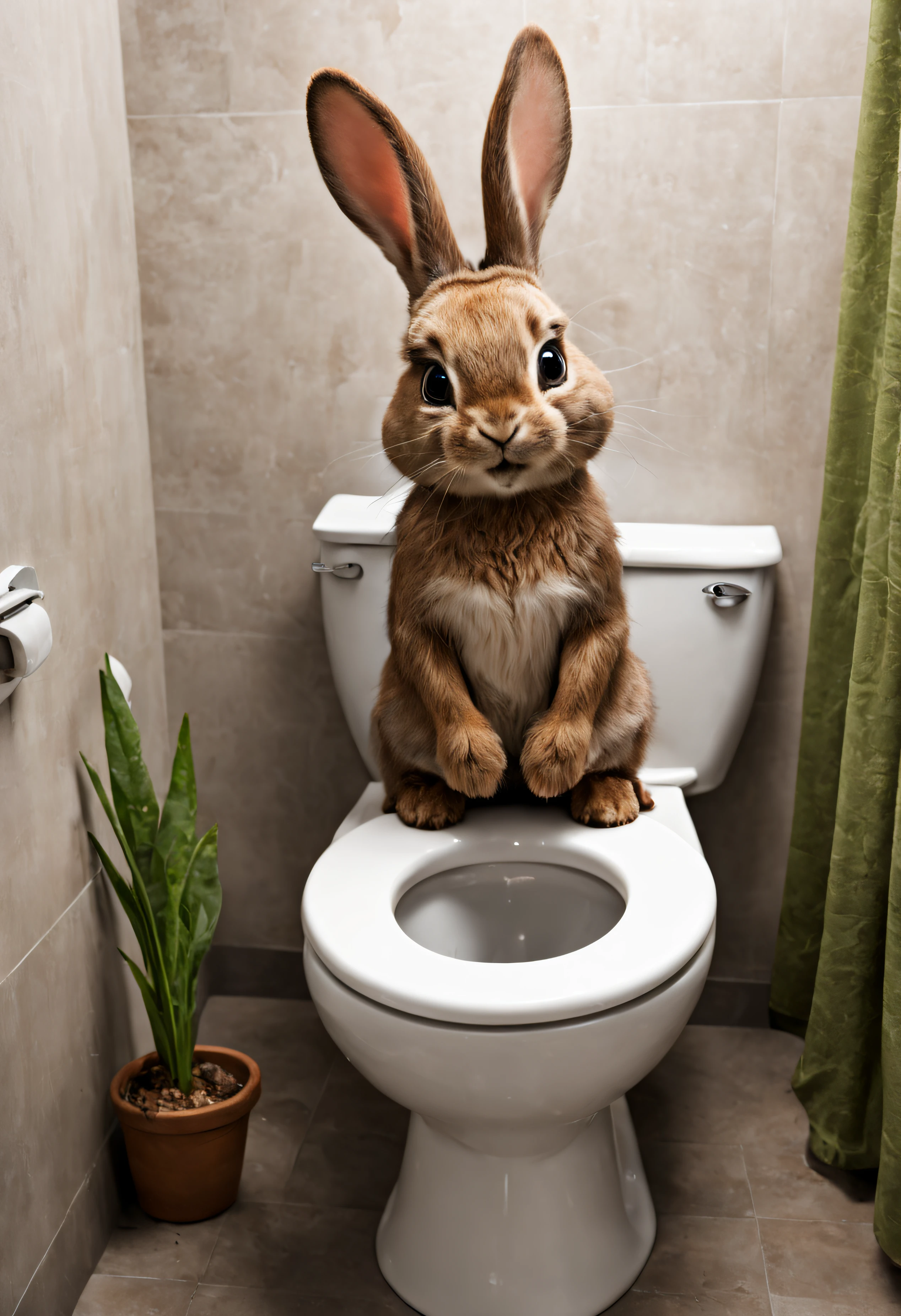 lapin mignon et heureux, fait caca sur des toilettes