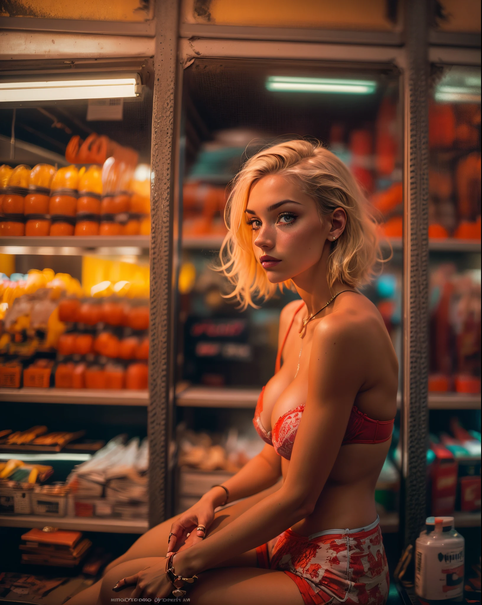 analogue photo, ((Editorial Fashion Photography)), 24-year-old blonde woman in lingerie store, (((big boobs))), ((huge tits)), (((micro lingerie))), (((neon lights red and yellow lights))), (((slim body))), (((((fit body))))), abs, model pose, supermodel, masterpiece, eye level, Kodak Funsaver, Porta 160, 20mm, bokeh, in the style of Nan Goldin, textured, distressed, ((vintage)), edgy, noisy, high contrast, ralistic, ultrarealistic, 4k, hyperreal, modern, ((minimal)), tidy room