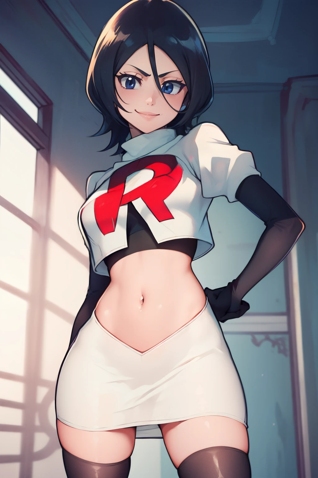 Rukia kuchiki ,team rocket uniform, red letter R, white skirt,white crop top,black thigh-high boots, black elbow gloves, smile, looking at viewer, cowboy shot, sexy pose