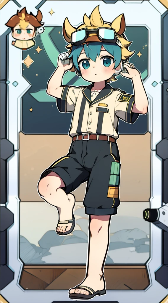Two-dimensional boy Shota,All-in-one military uniform,Slim, Healthy body,Wear the headphones on your head,Stood up,protective goggles,cow horn,Cow ears,leg loops