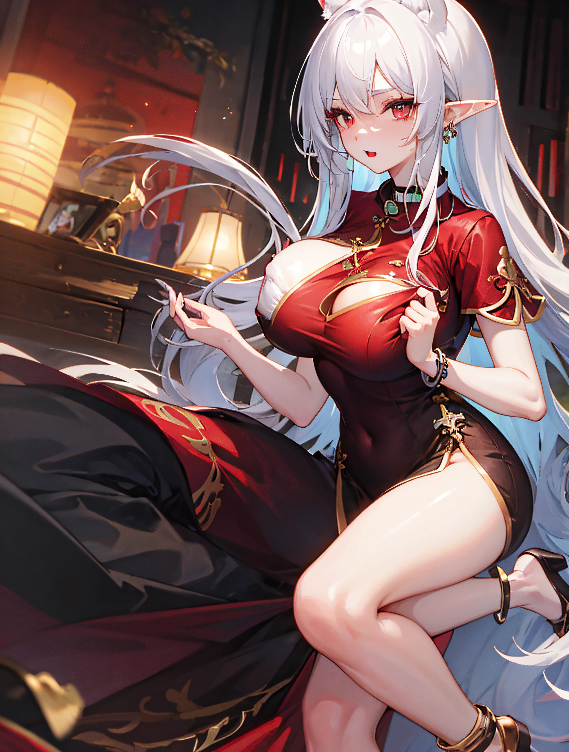 (tmasterpiece, Best quality, extremely detremely detailed CG, beautidful eyes, ultra - detailed, Complicated details:1.2), 8k wallpaper, elaborate features,
(1 busty girl, Alone:1.4),  Long gray hair, white color hair, tiny faeries,  looking at viewert,  red color eyes, ear nipple ring,   long  skirt, Ankle bracelets,  , Arcane, choker necklace, Serious, whiteTiger ears，Wearing a black and red cheongsam，blacksilk，hold it in hand，collars