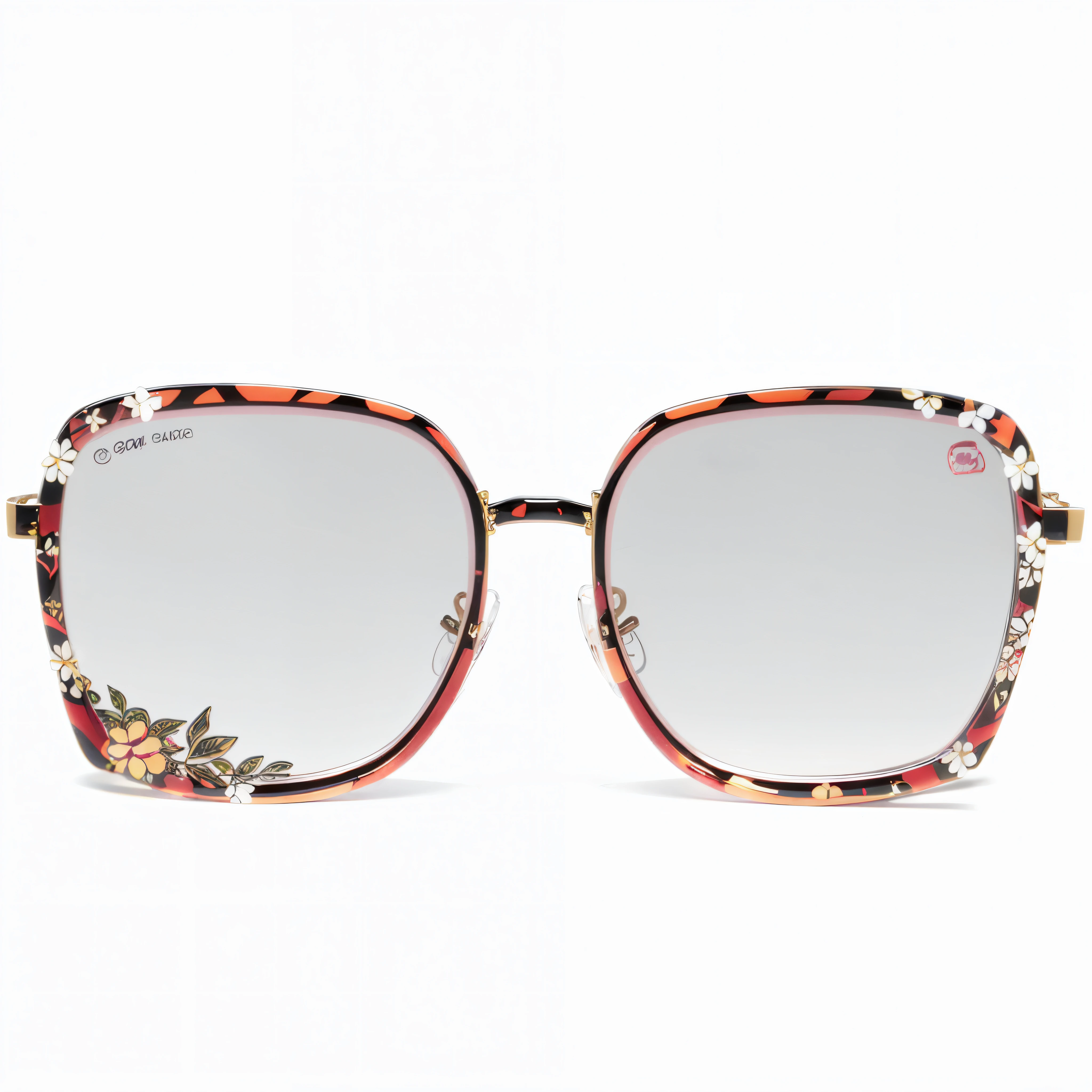 Floral pattern sunglasses and floral pattern eyeglasses, cool glasses, Black square-rimmed glasses, rimless eyewears, Wear square glasses, Red sunglasses, Wearing red tinted glasses, pink glasses, garden behind the glasses, glasses glasses, Square glasses, digital painting style, eye glass, rendering, gucci glasses, sun glasses, small square glasses