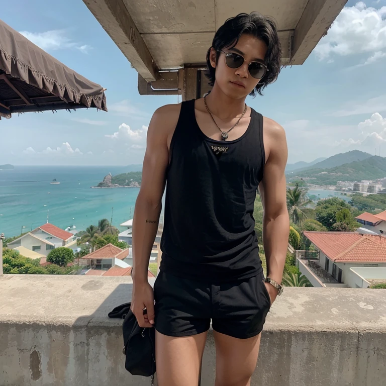 18 year old Thai guy with black middle short wavy hair. Wearing a black tank top, wim shorts, Prada sunglasses and a pearl necklace. He is standing on an exotic hill in the background a typically Thai seaview