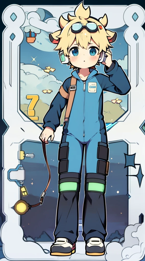 Two-dimensional boy Shota，One-piece hiking suit，Slim, Healthy body，Wear the headphones on your head，Stood up，protective goggles，cow horn，Cow ears