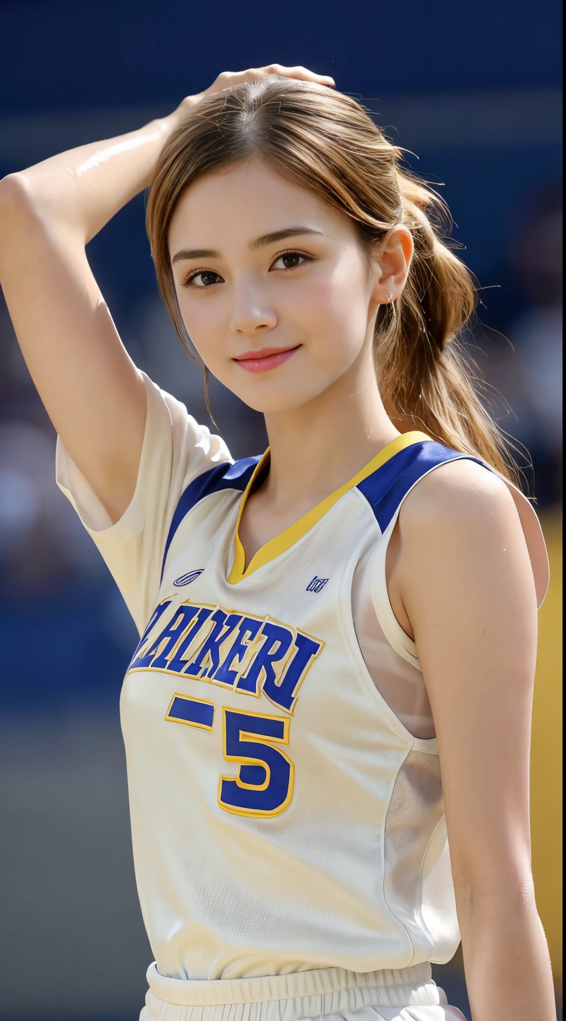 ((top-quality、Top image quality、超A high resolution))、years、独奏、((small tits:1.7))、flat breast、small tit、A smile、with round face、Golden hair、Short ponytail、childlike 、Ultra-detailed and beautiful skin、Realistic and beautiful skin、、((Silk Basketball Uniform)), delicate and beautiful face、Young models,see -through,raise arms,(Wet with sweat