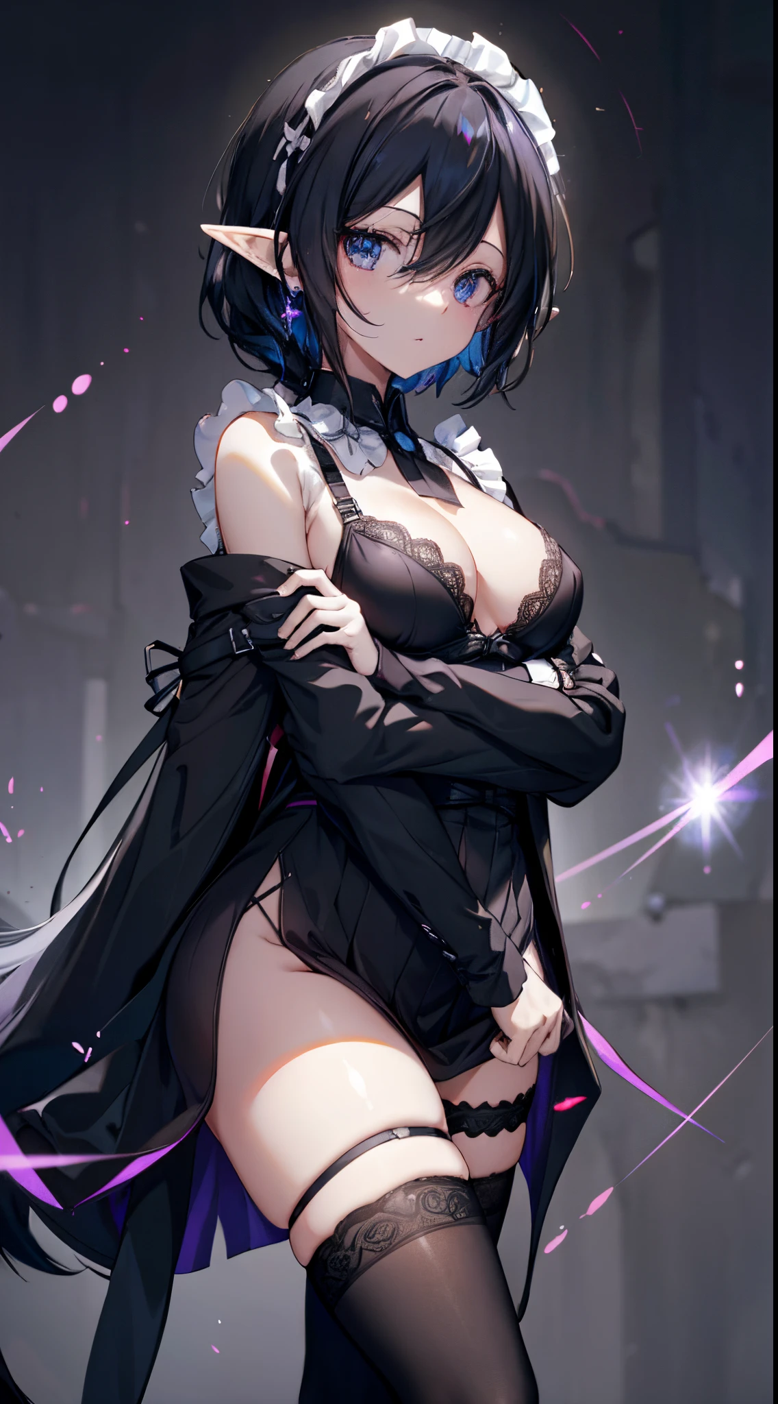 {tmasterpiece}}，Best quality，Very detailed CG-8k wallpaper，电影灯光，lens flare glow，Beautiful colored eyes，The kinky  exposed，black lace bras，Colorful light，Particulate matter，heterochromatic，（One color：1.5）， （black color hair：1.5），Sexual turn，purple eye chest，Black maid rope ripped elf#39;natural，ragged company，Wearing patterned black stockings，wrapped in blurry white，Use your arms as support，Legs are very thin and long，texture deliose hair，，Long black hair，The kinky  exposed