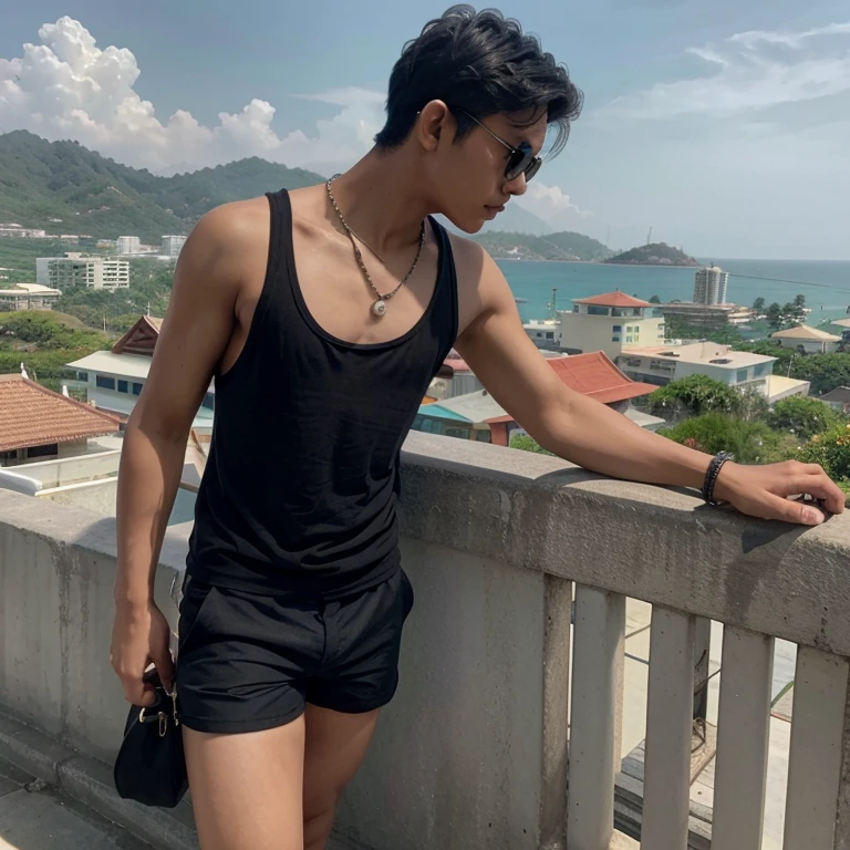 18 year old Thai guy with black middle short wavy hair. Wearing a black tank top, wim shorts, Prada sunglasses and a pearl necklace. He standing in side profile on an exotic hill in the background a typically Thai seaview