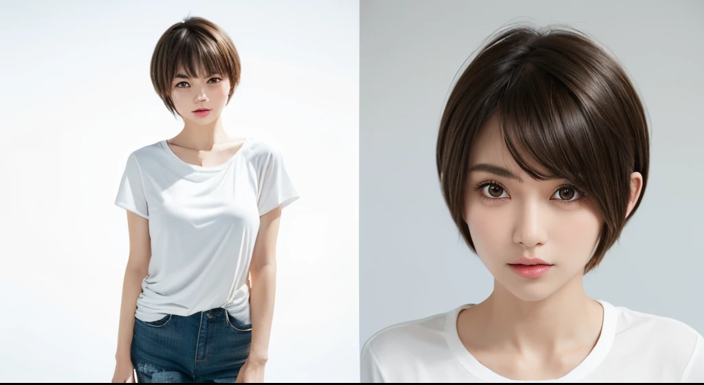 tee shirt, Manteaealisticlying:1.4), (Best quality at best:1.0), (Ultra-high sharpness:1.0), 8K, RAW photogr, (tmasterpiece:0.2), , Zied G, 1个Giant Breast Girl, Delicate skin, looking at viewert, Brown eyes, (Qi bangs short hair:1.2), (:1.0), (:0.8), , (Pure love face_v1:0.5)