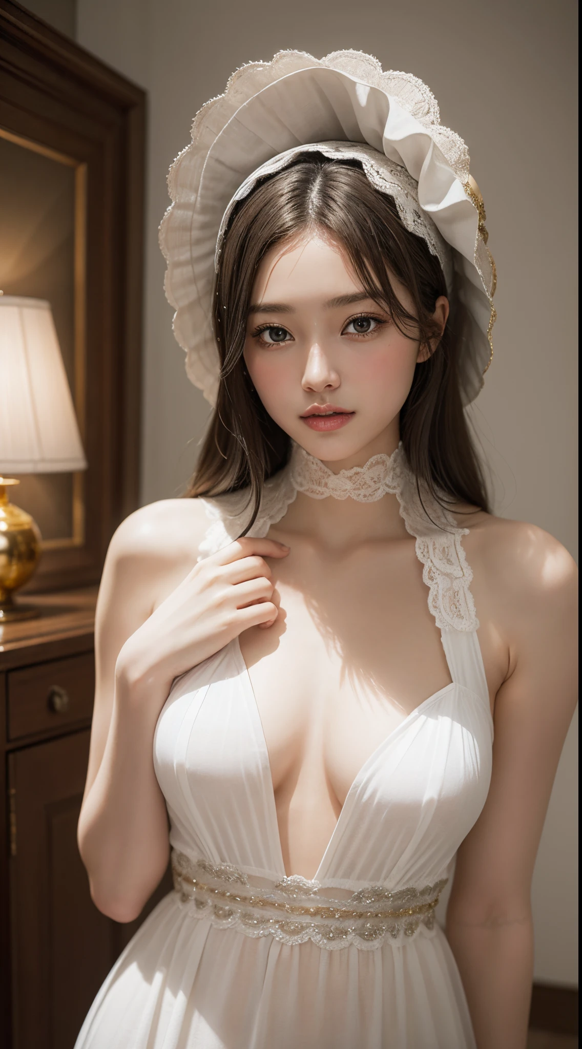 1 Sister, (long slim figure), extreamly cute, ((extremely detailed beautiful face)), (Open chest lace clothing:1.1), (Beautiful breasts and exquisite CG unified 8k wallpaper, Very meticulous, High-resolution RAW color photos, professional photoshooting, Realistic portraits, celebrity, cosmetics, sitted, will double, (bonnet:1.5), indoor, ((Golden Noble Room, Sparkling, Gold interior, gold and silver treasure painting, (Dazzling light), the strange, nonrealistic, depth of fields