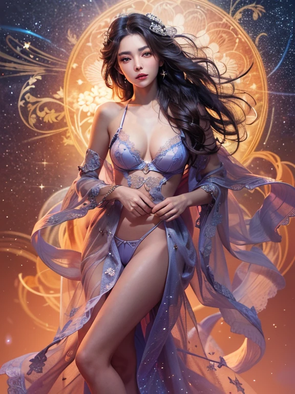 (best quality color photo of a mysterious attractive woman in luxury lingerie on a fashion magazine cover, haute couture fashion shoot:1.2),(An extremely delicate and beautiful work:1.2), elegant pose, glamorous fashion pose, (the divine light, with neon lights, grand background, starry sky background:1.3), simple background, art nouveau, focus on art nouveau suit, luxury fashion,(she is the embodiment of beauty and allure, asian beauty, asian actress), (very delicate lace lingerie, sexy lingerie, elegant and sophisticated fashion, her flowing hair cascades gracefully, perfectly complemented by tasteful and elegant makeup:1.2), black hair, detailed face, looking at viewer, detailed eyes, black eyes, lustrous lips ,cleavage, nipple ,camel toe, skinny physique, beautiful figure, Perfect female body, (large breasts), Gentle and enigmatic expression, High color saturation, surrealism , (best quality, masterpiece, ultra detailed, ultra high res, photorealistic, raw photo, absurdres, absolutely resolution:1.4),