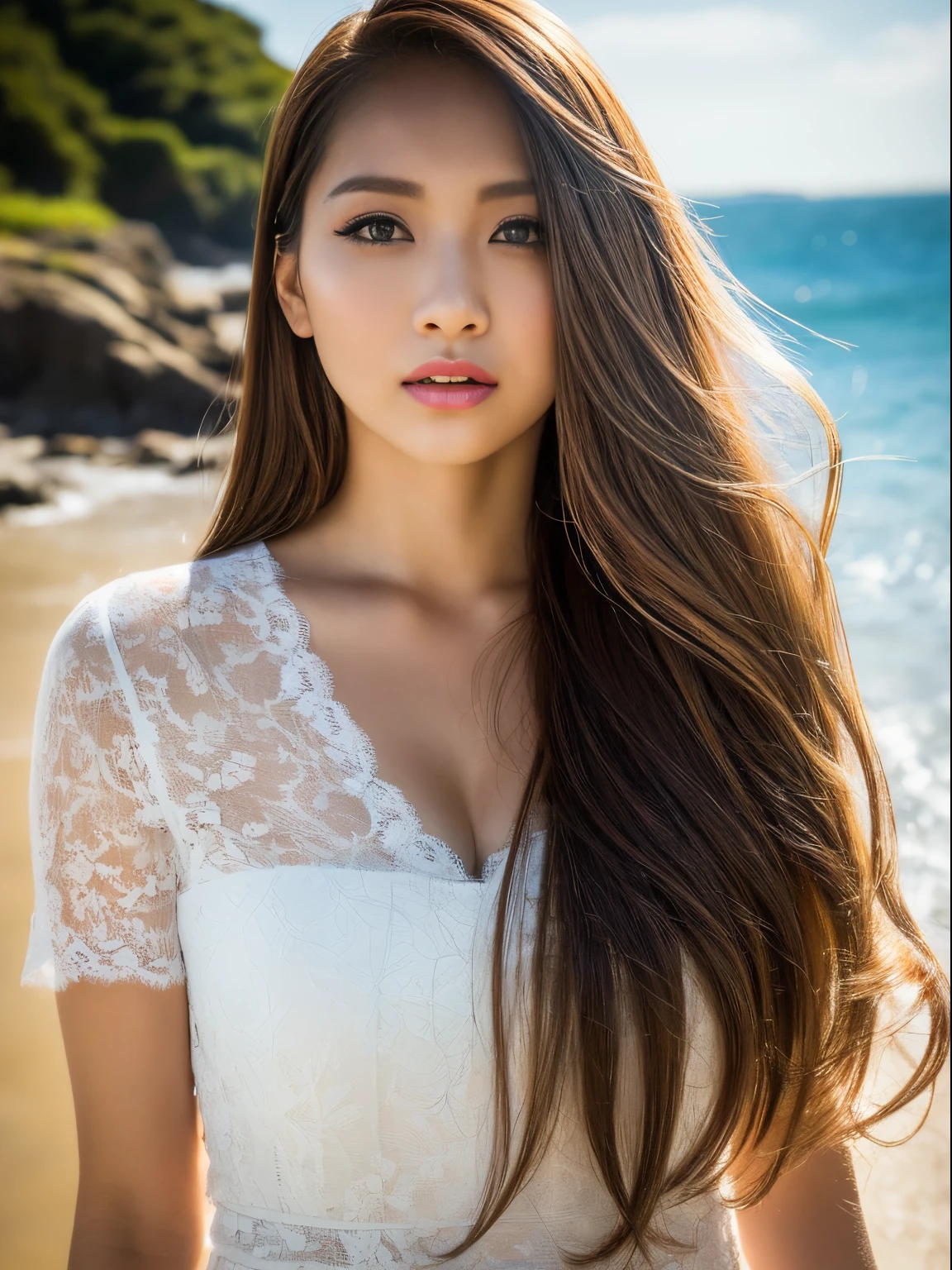 ((of the highest quality, 8K, masutepiece: 1.3)), Women (Full body portrait, Lace dress, body part in the sea), plein air, Blue sea in the background, Overhead camera, Sharp Focus: 1.2, Cute Woman: 1.4, ((Long hair, Floating hair)), Highly detailed face and skin and hair texture, wet texture hair, Wet body, Detailed eyes, Double eyelids, White skin, Beautiful legs, beautiful delicate nose, Cute young Japan woman, 28 years old, With dynamic angles, Creates melancholy emotions characterized by calming tones and contrasting mixes of light and shadow, While emphasizing the subject's hair, Eyes, Mouth and behavior, It is pleasing to the eye、It is a thought-provoking composition.