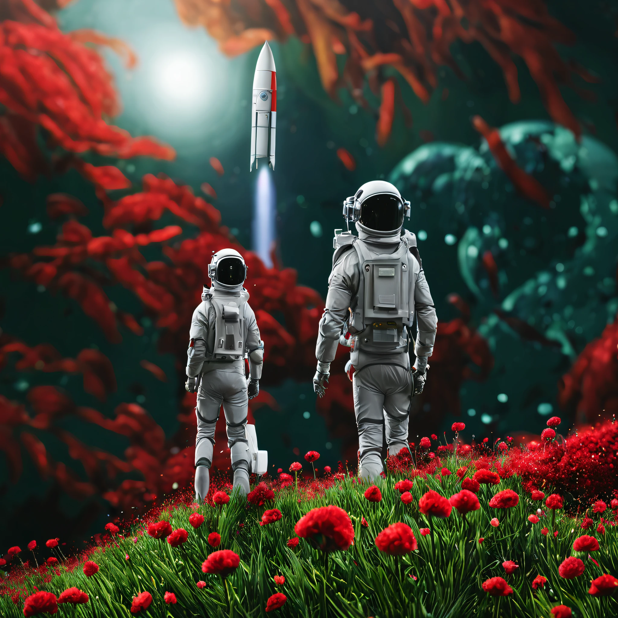 create a digital matte painting for a giant forest from a science fiction movie with giant skyscrapers next to the trees,in the sky of this illustration, a male astronaut flies with the suitpac rocket flies close to the ground, near a field of red flower buds on the green grass ground on the path