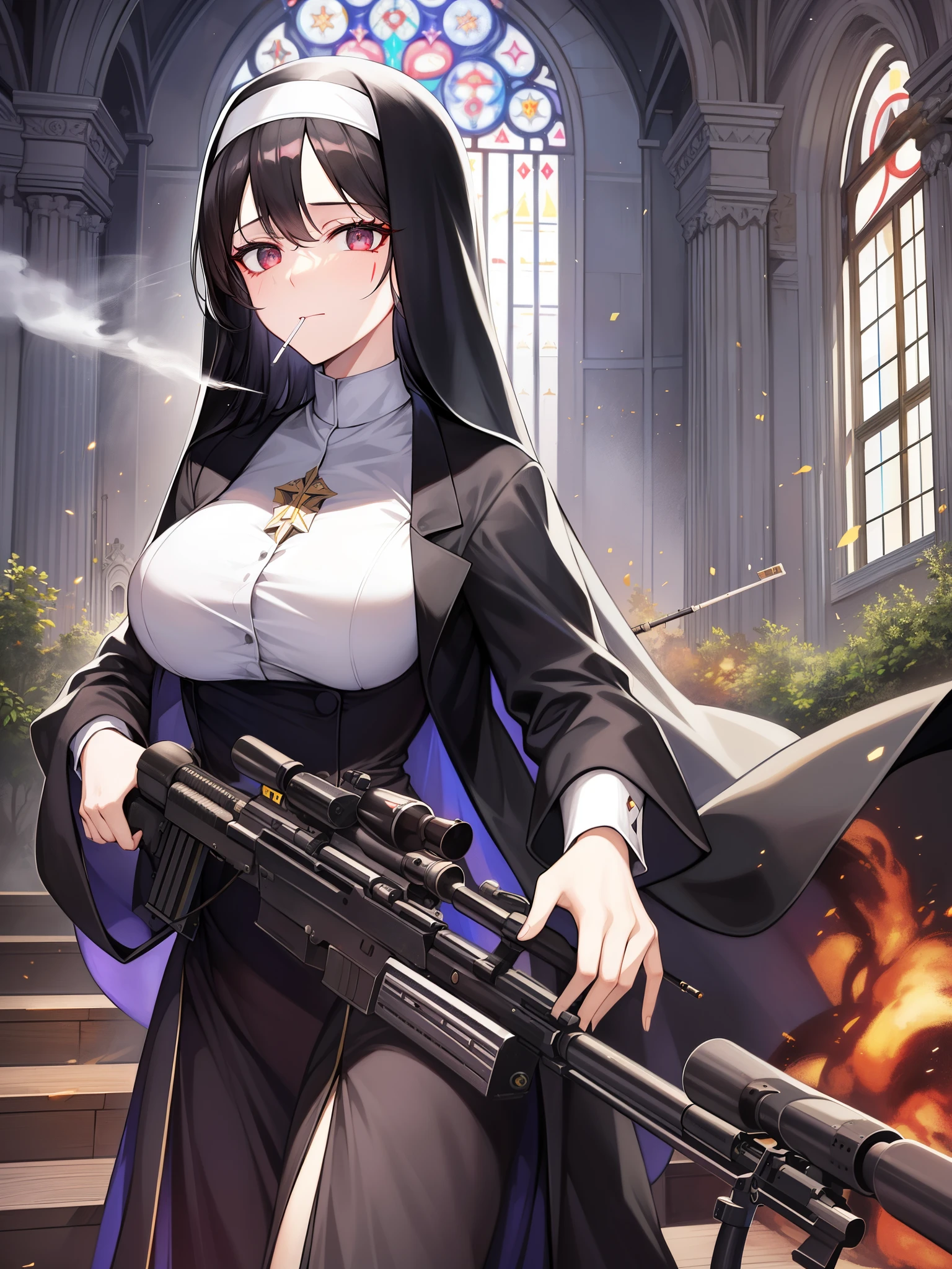 Outrageous resolution、masterpiece++、top-quality++、ultra-definition++、ultra-definition++、4k++、8k++、from side、(Background Focus)++、((1)))+++A woman in clothes destroys a city. In a church full of cigarette smoke and explosions. A black-haired busty nun with a scar on her face holds a sniper rifle and holds a cigarette in her mouth. Sparks rune.、A black-haired busty nun with a scar on her face holds a sniper rifle and holds a cigarette in her mouth in a church filled with cigarette smoke and explosions. Spark magic.、In a church filled with cigarette smoke and explosions flying overhead, a dark-haired busty nun with a scar on her face holds a sniper rifle and sparks as she holds a cigarette in her mouth.、In a church filled with cigarette smoke and explosions, a dark-haired busty nun with a scar on her face holds a sniper rifle and a sparkling married woman with a cigarette in her mouth.、In a church filled with cigarette smoke and explosions, a dark-haired busty nun with a scar on her face holds a sniper rifle and sparks the president with a cigarette in her mouth.、Detailed contemporary art、Contemporary Art Style、Blake A black-haired busty nun with a scar on her face holds a sniper rifle and a spark witch with a cigarette in her mouth in a church filled with beautiful modern cigarette smoke and explosions、In a church filled with cigarette smoke and explosions, a black-haired busty nun with a scar on her face holds a sniper rifle and a sparkling college student holds a cigarette in her mouth.、Contemporary Art Behans、In a church filled with cigarette smoke and explosions, a black-haired busty nun with a scar on her face holds a sniper rifle and a sparkling high school student holds a cigarette in her mouth.、In a church filled with beautiful cigarette smoke and explosions, a black-haired busty nun with a scar on her face is a sparkling woman holding a sniper rifle and holding a cigarette in her mouth.、In a church filled with shiny floating cigarette smoke and explosions, a black-haired busty nun with a scar on her face holds a sniper rifle and sparks debris as she holds a cigarette in her mouth.、In a church filled with cigarette smoke and explosions, a dark-haired busty nun with a scar on her face holds a sniper rifle and sparks as she holds a cigarette in her mouth.、 A dark-haired busty nun with a scar on her face holds a sniper rifle and holds a cigarette in her mouth in a church filled with dazzling cigarette smoke and explosions.、A dark-haired busty nun with a scar on her face holds a sniper rifle and holds a cigarette in her mouth in a church filled with cigarette smoke and explosions.、In a church filled with cigarette smoke and explosions, a dark-haired busty nun with a scar on her face holds a sniper rifle and sparks as she holds a cigarette in her mouth.、In a church filled with cigarette smoke and explosions, a dark-haired busty nun with a scar on her face holds a sniper rifle and holds a cigarette in her mouth. Her hair is blown by the sparks.、Blake Modern Beautiful、In a church filled with cigarette smoke and explosions, a dark-haired busty nun with a scar on her face holds a sniper rifle and sparks as she holds a cigarette in her mouth.、Detailed clothing、Mischievous aura、Bewitching face、tall body、Mature body、seductive body、爆乳、detailed beautiful faces、detailed shiny eyes、Detailed skin、Full body break、detaileds、realisitic、4K highly detailed digital art、octan render、bio luminescent、BREAK8K resolution concept art、真实感、Mappa Studio、masterpiece、top-quality、Official Art、illustratio、Ligne Claire、(cool_color)、perfect-composition、absurderes、Fantasia、Focused、thirds rule