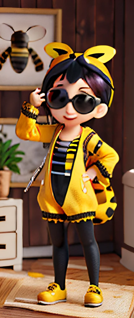 Wearing a cute bee costume,Black sunglasses,Cute bee image,Anthropomorphism of bees,Anime girl standing, 3D style, offcial art, blindbox, studio light,3D,full-body portraits!, , High quality anime art style, Official character art, Q version doll,Three-dimensional feeling,colored,the detail,move
