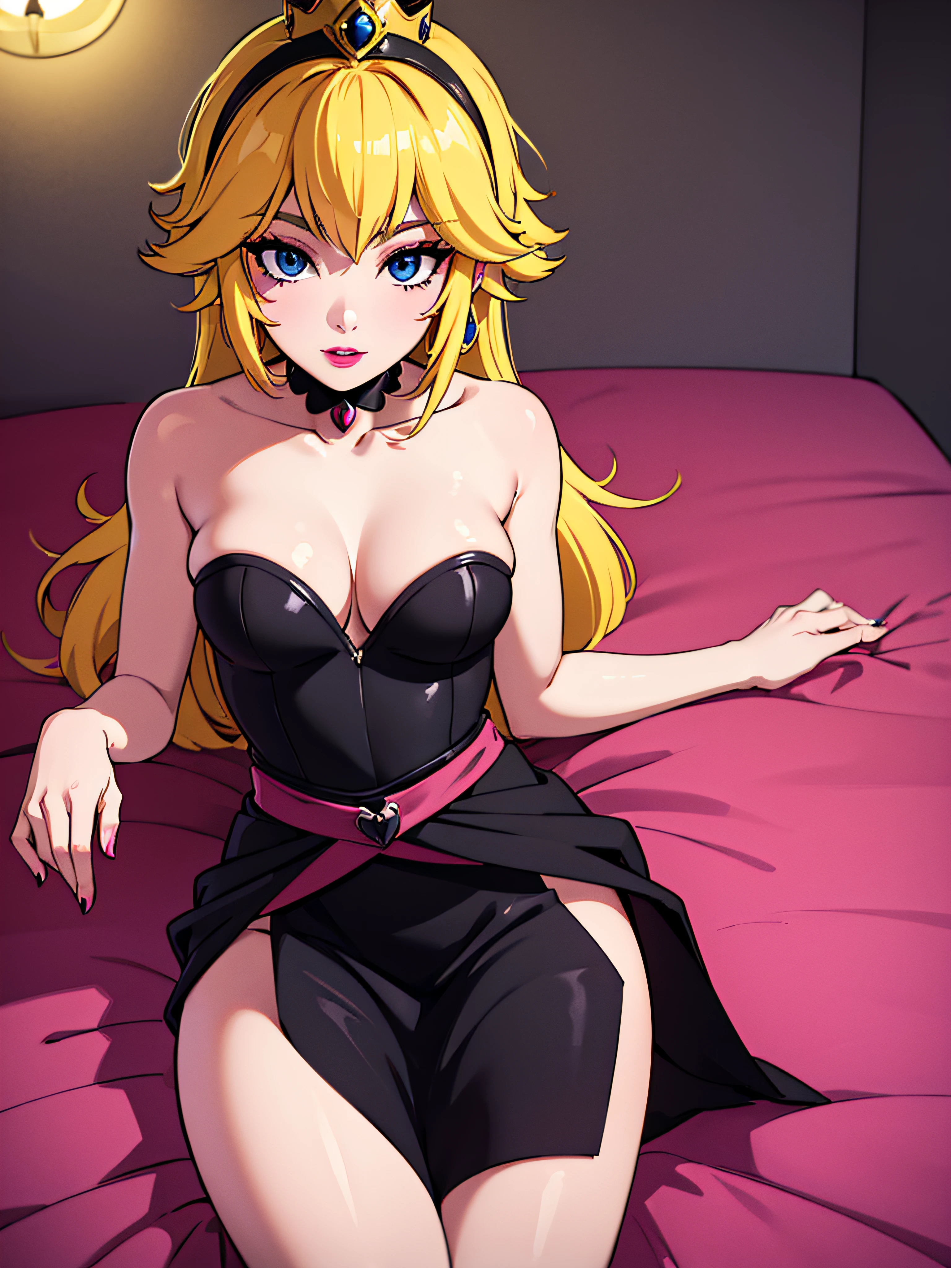 ((high detailed, best quality, 4k, masterpiece, hd:1.3)), Princess Peach, blue eyes, original, seductive, attractive, sexy smile, smooth anime cg art, 34B breasts, long legs, vivid colors, detailed digital art, slim body, perfect skin, yellow hair, blonde hair, BREAK crown, cleavage, 34B cleavage, looking at viewer, BREAK looking at viewer, extremely detailed face, pink dress, pink streching dress, pink original dress that accentuates curves, Princess Peach Curve-accentuating dress, gem, dark black makeup lips, dark gothic eyeshadows, dark eyeshadows, black eyeshadows, black sexy lips, black lips, (dark:1.2), dark lips, very dark lips, (perfect hands, perfect anatomy), dark black lips, black makeup, black medium lips, detailed fingers, five fingers per hand, 5 fingers, (1 girl), laying on bed, detailed lips, detailed black lips, black painted lips, gothic painted lips