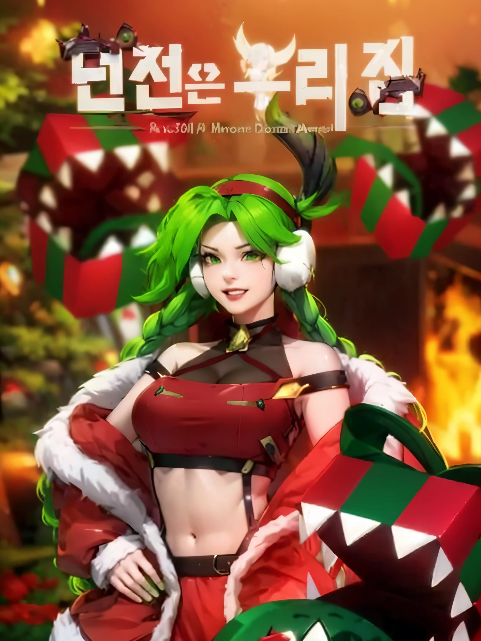 Anime girl in red dress, green hair and green wig., KDA, From League of Legends, Senna from League of Legends, Elf Girl, v จาก devil may cry as an elf, from overwatch, Cammy..., Maple Girl Gun Story, fanart, official fan art, official artwork, Coverart, by Kanbun Master, of the evil elf, high quality fanart