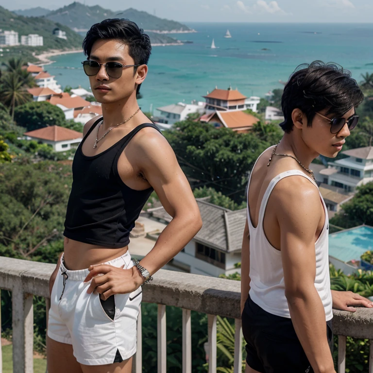 18 year old Thai guy with black middle short wavy hair. Wearing a black tank top, wim shorts, Prada sunglasses and a pearl necklace. He  standing in side profile on an exotic hill in the background a typically Thai seaview