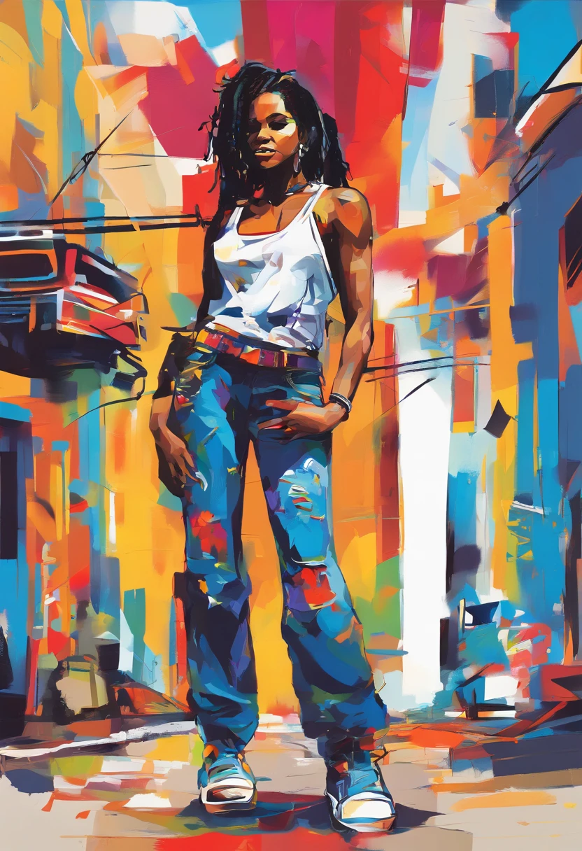 oil painting in the style of Chris Ellis (Daze), depicting a captivating 28-year-old afro woman with sleek black hair, a slender body, and a distinct sense of style. The brushstrokes are dynamic and energetic, reflecting the urban art influences of Daze's work. The woman stands tall, portrayed in full body, exuding confidence and strength. She wears a white tank top, blue jeans, and plain sneakers, embracing a casual yet stylish look. The artist emphasizes the character's natural beauty, using vibrant colors and bold lines to accentuate her radiant skin and graceful silhouette. With a serious expression and focused gaze, she aims an assault rifle, embodying determination and resilience. The favela scene is transformed into a vibrant urban landscape, with graffiti-covered walls and bustling streets. The artist incorporates elements of abstraction and street art, adding layers of depth and visual interest to the composition. The painting captures the essence of both Chris Ellis (Daze) and Jenny Saville, blending urban art aesthetics with a raw and powerful portrayal of the subject. It serves as a testament to the character's strength, resilience, and unwavering commitment to her community.