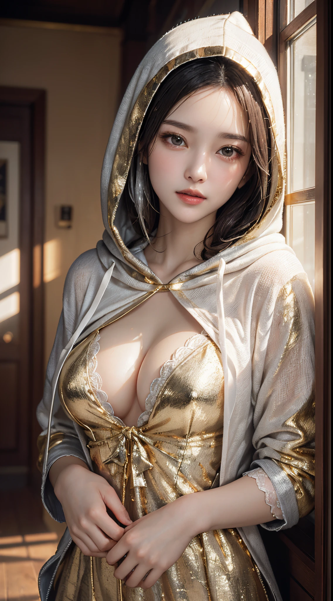 1 Sister, (long slim figure), extremely cute, ((extremely detailed beautiful face)), (Open chest lace clothing:1.1), (Beautiful breasts and exquisite CG unified 8k wallpaper, Very meticulous, High-resolution RAW color photos, professional photoshooting, Realistic portraits, celebrity, cosmetics, sitted, will double, (Hood:1.5), indoor, ((Golden Noble Room, Sparkling, Gold interior, gold and silver treasure painting, (Dazzling light), the strange, unpractical, depth of fields