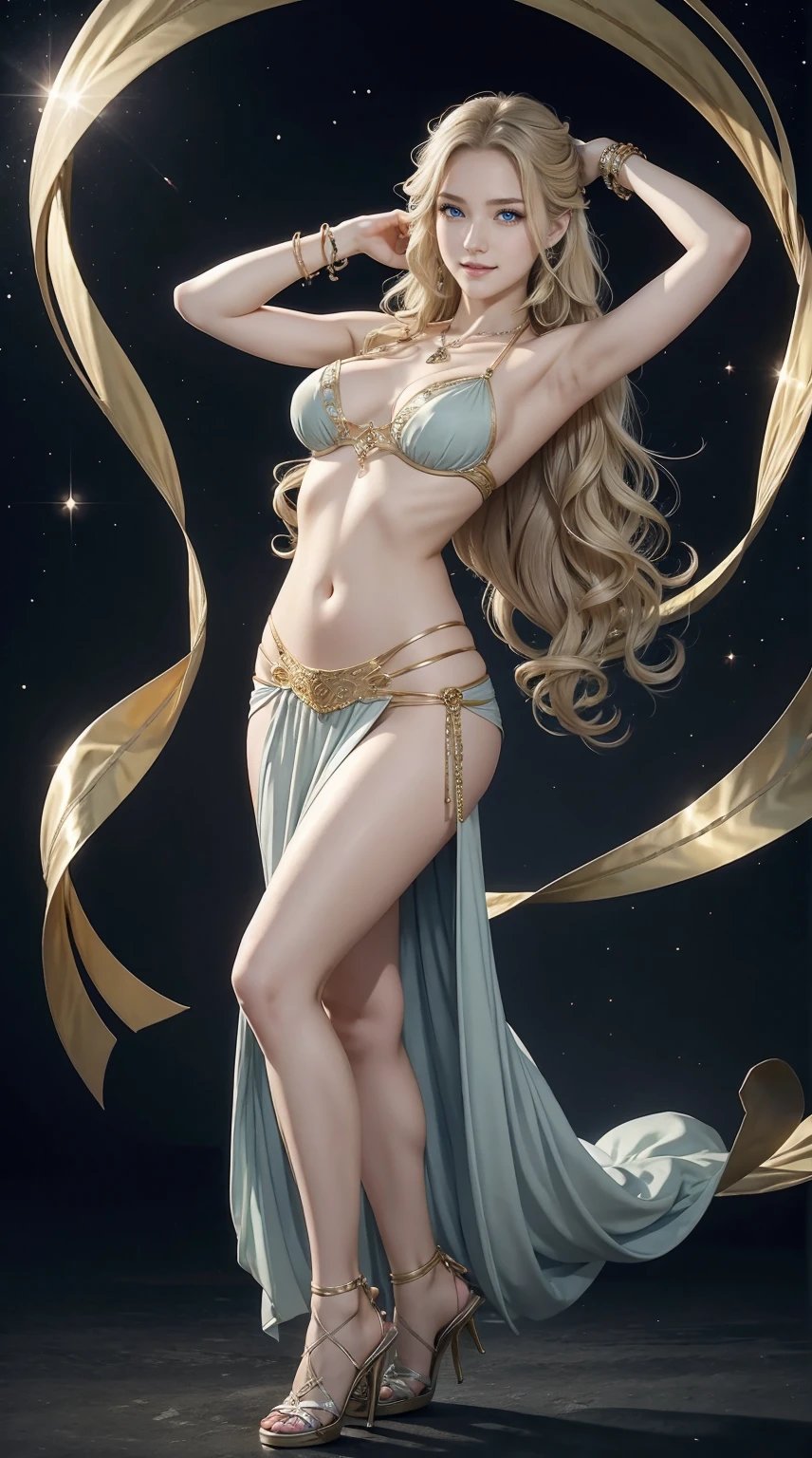 25-year-old Caucasian woman、ash blonde、blue eyess、Semi-long、setting hair、I'm tying my hair、My hair is wavy、Slender but thin macho、accessories on the wrist、wearing a chain necklace、Beautiful breasts、a smile、I need space above my head、Wearing belly dancing costumes、Wearing high heels、Snowflakes are falling all over the screen、background art nouveau