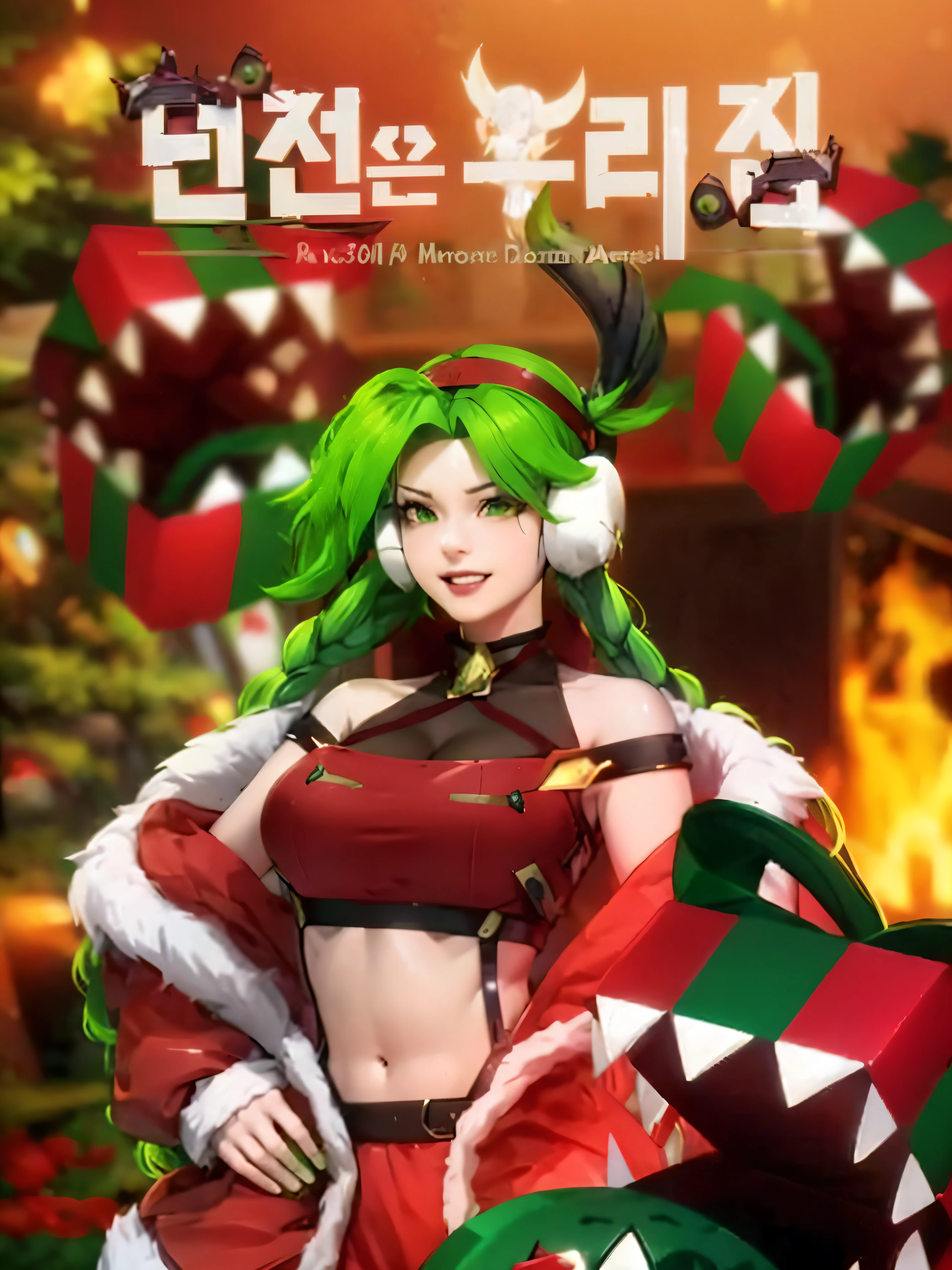 Anime girl in red dress, green hair and green wig., KDA, From League of Legends, Senna from League of Legends, Elf Girl, v จาก devil may cry as an elf, from overwatch, Cammy...., Maple Girl Gun Story, fanart, official fan art, official artwork, Coverart, by Kanbun Master, of the evil elf, high quality fanart