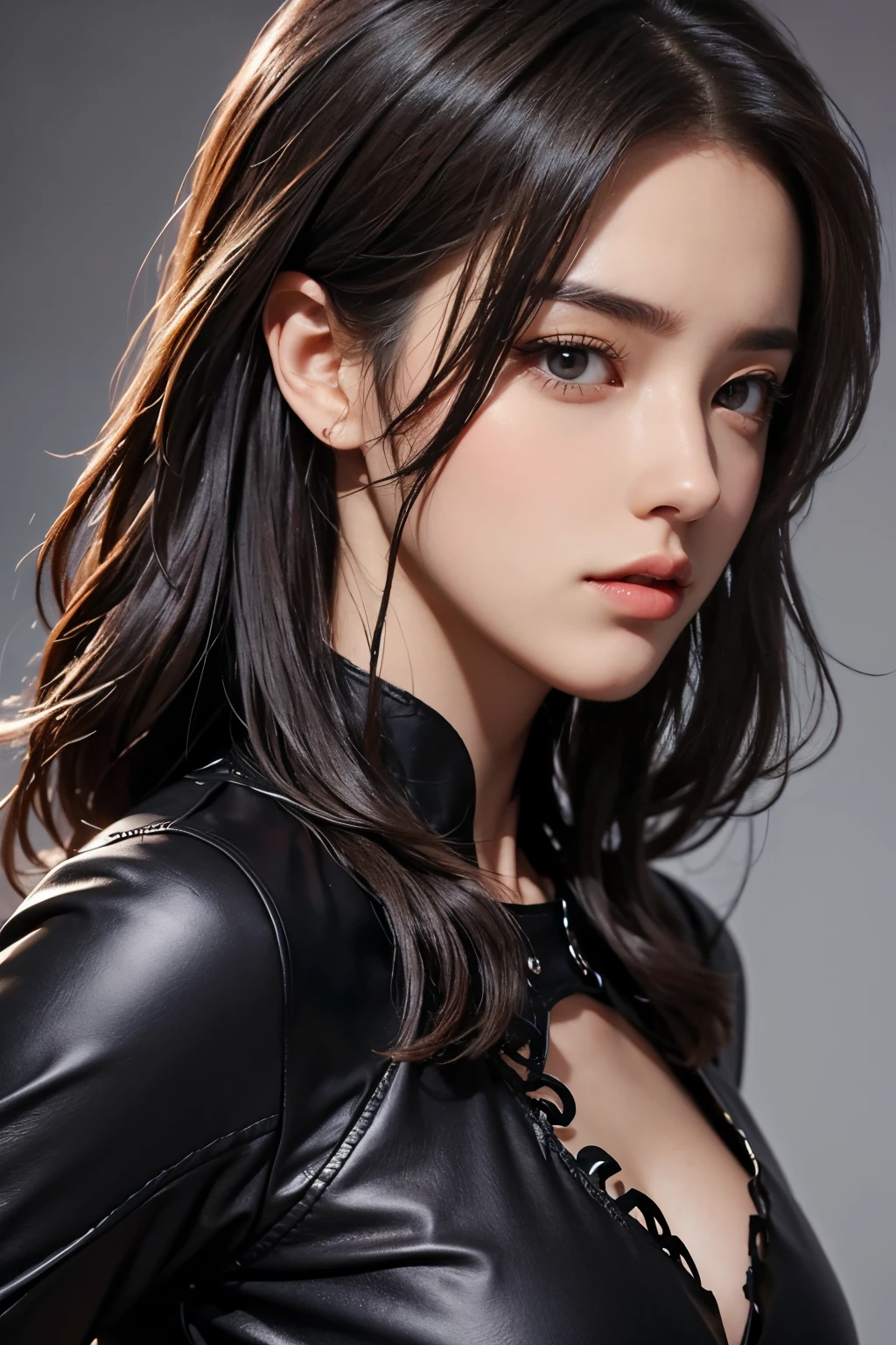 tmasterpiece，Best quality at best，A high resolution，8K，((Portrait))，(Head close-up)，Original photo，real photograph，digital photography，(A modern girl in the city)，(Lady)，20岁女孩，random hair style，By bangs，The amount of hair  amazing，red eyelash hair)，Big breasts，Chest groove， accessories，cparted lips，Keep your mouth shuegant and charming，Serious and arrogant，Calm and handsome，(A casual dress)，Photo pose，morden style，greybackground，oc render reflection texture