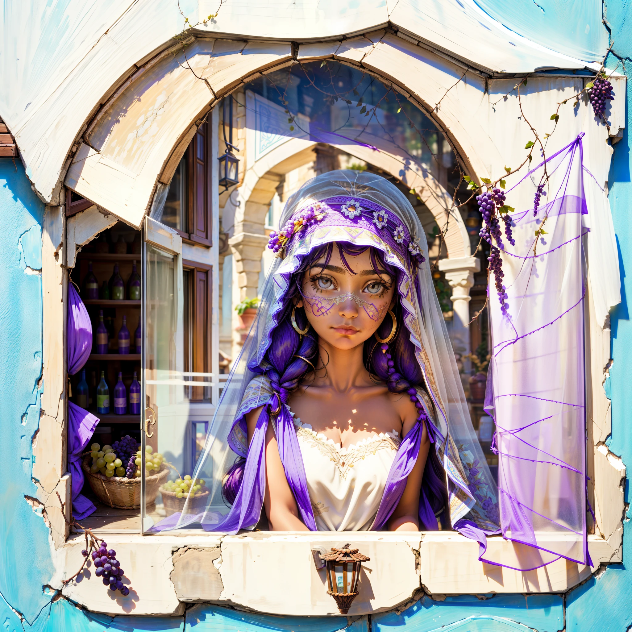 a grape juice store in a window , a window in a mediterranean house, gipsy girl selling grape juice from a window in a mediterranean house, street store, old wall with grape tree branches and cracks (( upper body, close up )) long hair joyfull attractive sfw gipsy women facing the camera