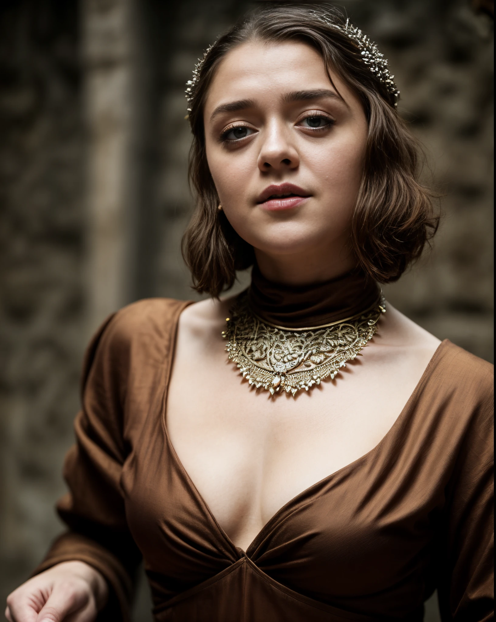 Foto RAW, Arya Stark, Extremely gorgeous lady, Arya Stark PLAYED BY MAISIE WILLIAMS, Queen Arya Stark, she a mature woman now, milf, sexy mediaeval battle dress, gladiator woman, body, 40 years old Woman, body revealing costumes, perky breast, skin pores, big natural breast, erotic costumes, lusty physique, seductive figure can capture every people's attention, Game of thrones costumes, revealing captivating figure, Mediaeval costumes, revealing clothes, A tomboy, she would rather fence than dance, warrior queen , game of thrones screen caps, Game of Thrones Series, (pele altamente detalhada: 1.2), 8k UHD, DSLR, soft-lighting, alta qualidade, grain of film, Fujifilm XT3, flawless picture, highly detailed, detailed Beauty, intricate, 32k, sharp picture,