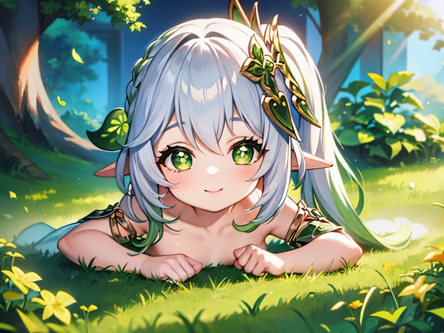 nude, flat chest, sunbathing, 8 , loli, outde, smiling, sunny, bright sunlight, grass, pointy ears, hair ornament, white hair, green hairstreak, side ponytail, masterpiece, best quality