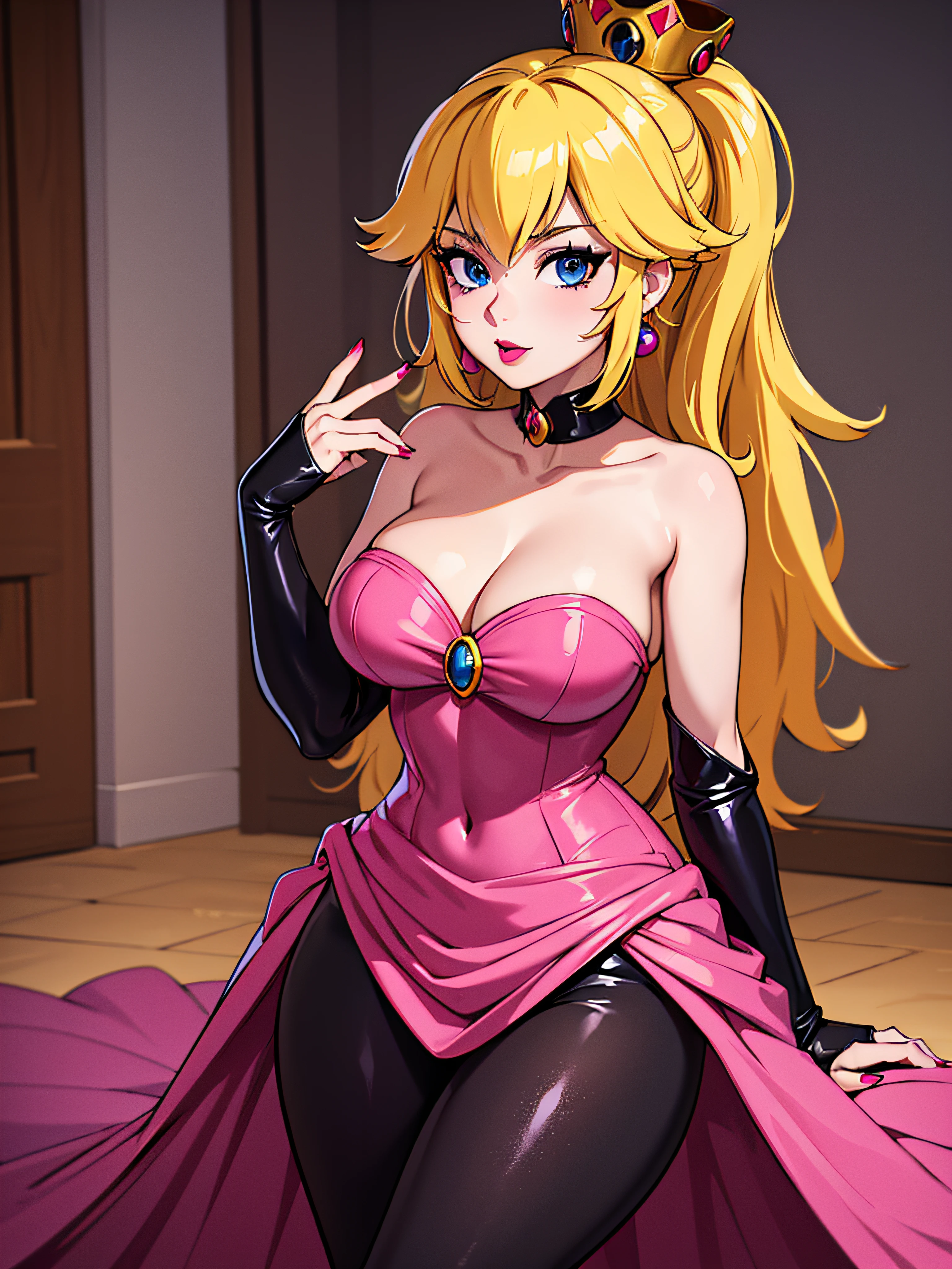 ((high detailed, best quality, 4k, masterpiece, hd:1.3)), Indoors, Princess Peach, blue eyes, original, seductive, attractive, sexy smile, smooth anime cg art, 34B breasts, long legs, vivid colors, detailed digital art, slim body, perfect skin, yellow hair, blonde hair, BREAK crown, cleavage, 34B cleavage, looking at viewer, BREAK looking at viewer, extremely detailed face, pink dress, pink streching dress, pink original dress that accentuates curves, Princess Peach Curve-accentuating pink dress, gem, dark black makeup lips, dark gothic eyeshadows, dark eyeshadows, black eyeshadows, black sexy lips, black lips, (dark:1.2), dark lips, very dark lips, (perfect hands, perfect anatomy), dark black lips, black makeup, black medium lips, detailed fingers, five fingers per hand, 5 fingers, (1 girl), detailed lips, detailed black lips, black painted lips, gothic painted lips, indoors