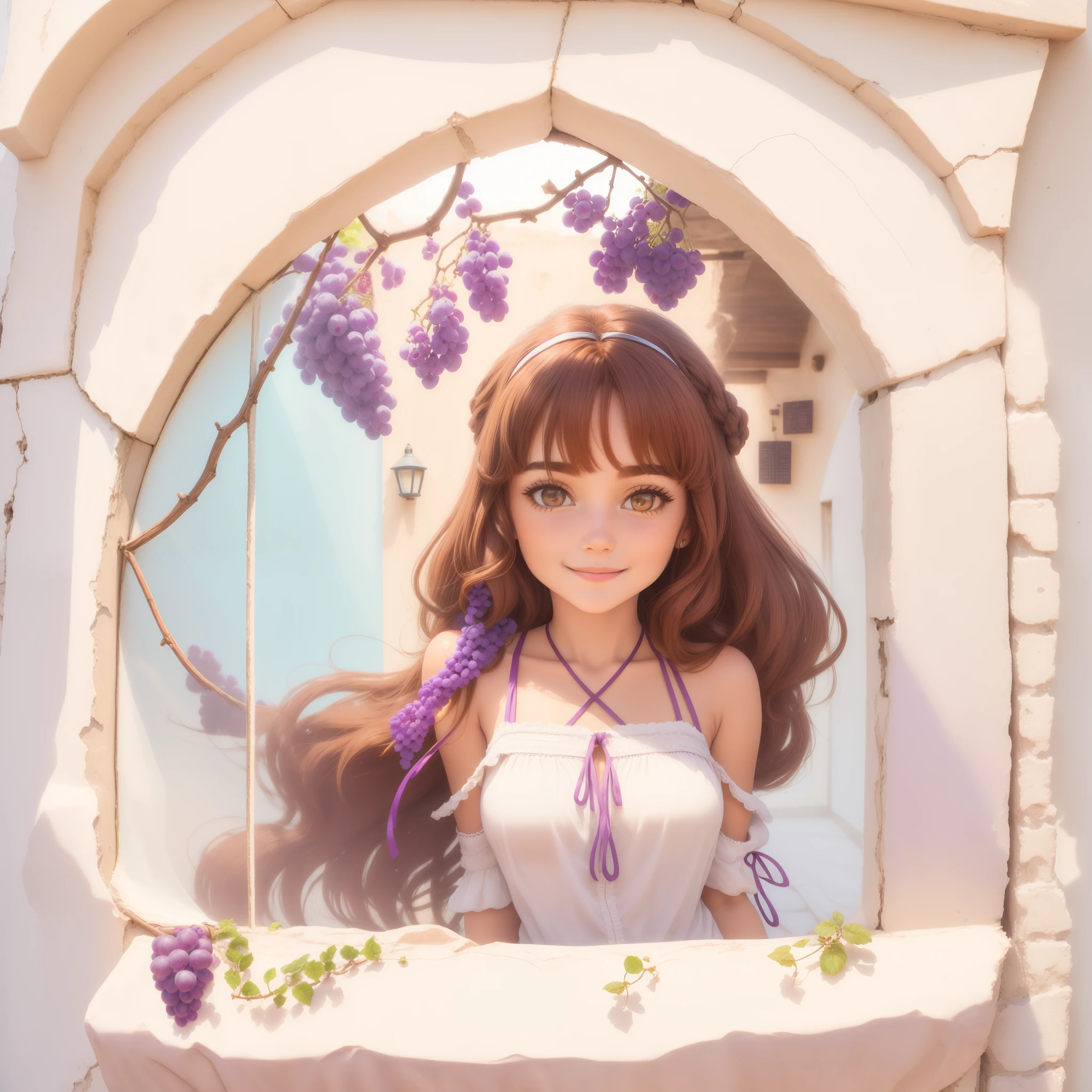 a grape juice store in a window , a window in a mediterranean house,(( brown hair )) happy smiling  gipsy girl selling grape juice from a window in a mediterranean house, street store, old wall with grape tree branches and cracks (( upper body, close up )) long hair joyfull attractive sfw gipsy women facing the camera
