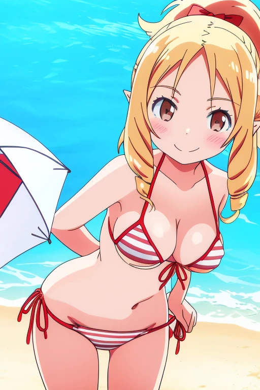 Yamada elf, bikini, white-red stripes bikni, beach, huge breasts, petite, loli, short, blonde hair, brown eyes, smile, topless,