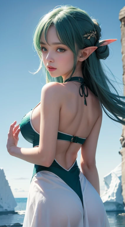 posterior view, Back picture,Graceful elf girl standing on the meadow, The soft light of the sunset reflects on the delicate face. Her long, The long flowing hair hangs down your back, Decorated with intricate braids、Decorated with sparkling gems. this great photo 、、、Capturing the ethereal beauty of elves. Silk dress for slim figure、Swaying in the gentle prairie breeze. The attention to detail、Facing that ace, that ace, that ace that 、This  evident in the skirt’s intricate patterns and luminous subtle highlights. The skin. Thrilling depiction of an elf girl 、、、、、Create a charming atmosphere、It invites the viewer into a magical world. Emerald green hair color and eyeundo Hilo Encantado Johas Dade Hilo:1.4)),( white encaje),(Ruins of Antarctica on blue background :1.4),Detailed hands,