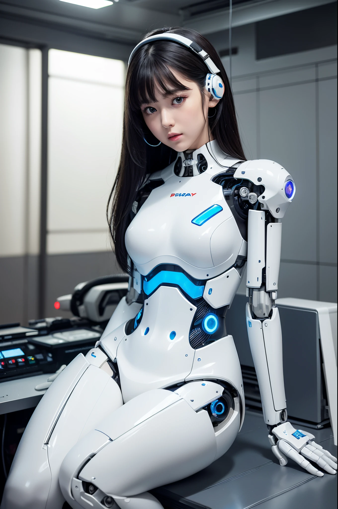 (Photorealistic:1.4), (Raw photo)masutepiece, Best Quality, Extremely detailed, (Photorealistic:1.4), (8K, 4K, Best Quality, hight resolution, 超A high resolution:1.1), 8K Portrait,1girl in, Japanese android gid,Plump , announcer,control panels,android,Droid,Mechanical Hand, ,Robot arms and legs, Black hair,Mechanical body,Blunt bangs,White Robotics Parts,perfect robot woman,Charging spot,Long Tube,A thick cable was connected to his neck.,ceramic body ,Mechanical body, mechanical ear covers,android,robot humanoid,a bit Chubby,pantiy,complete eyes,Perfect machine body,White robot body,The laboratory of the future,android factory,White and light blue uniform,light blue accent costume,LED lump on her chest,mechanical eyes,platform sneakers