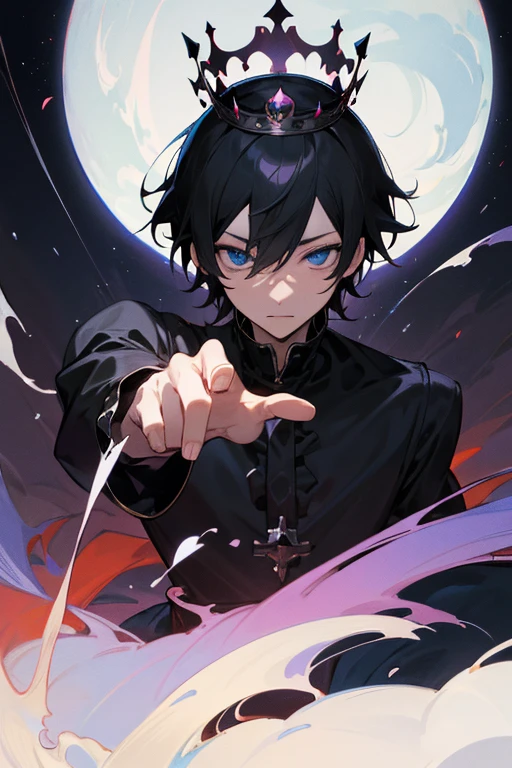 masutepiece, High quality, ultra-detailliert, Detailed eyes, Anime Man, he is a prince wearing a crown, mid night, Black Crown, Short black hair, Blue eyes, Gothic clothes, Black clothes