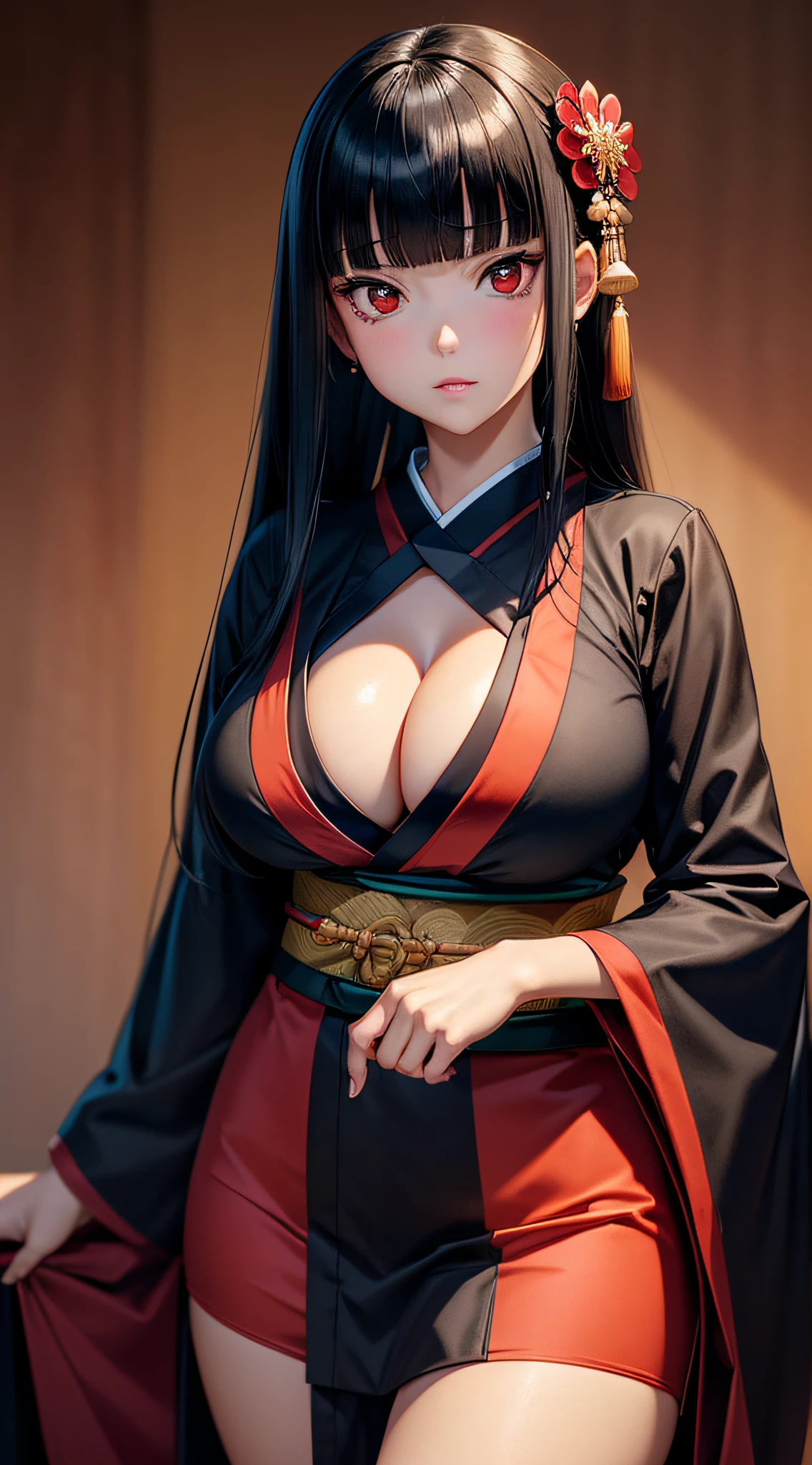 ((Best Quality)), ((masutepiece)), (Detailed), Perfect face A detailed face younggirl cleavage of the breast red eyes long, thick black hair Blunt bangs Solid background color Stand and pose wear kimono