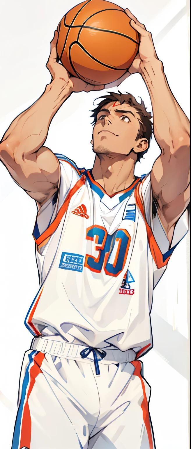 (tmasterpiece,Best quality at best),Day man,Animate,1man,with brown skin,short detailed hair,largeeyes,Raise your hand to lift the ball,musculature,Look into the distance,style of anime,Play,Handsome face,Wear a jersey,Play,Playing the Basketball,
