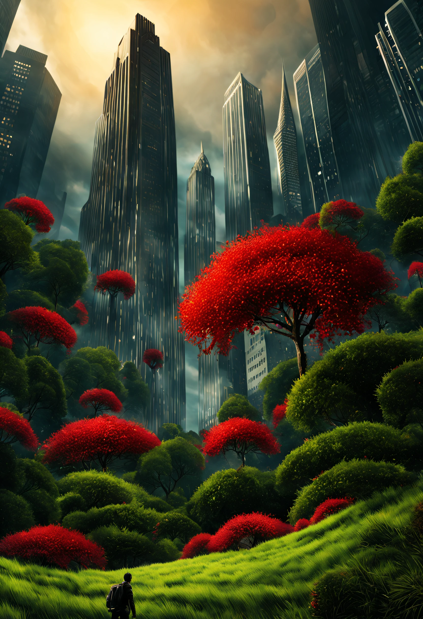 create a digital matte painting for a giant forest of a sci-fi movie set with giant skyscrapers next to the trees,in the sky of this illustration, um astronauta masculino voa com o foguete de uma suitpac voadora, climbs close to the ground, close up of a field of red flower buds on the green grass ground on the forest path to the metropolis in the background