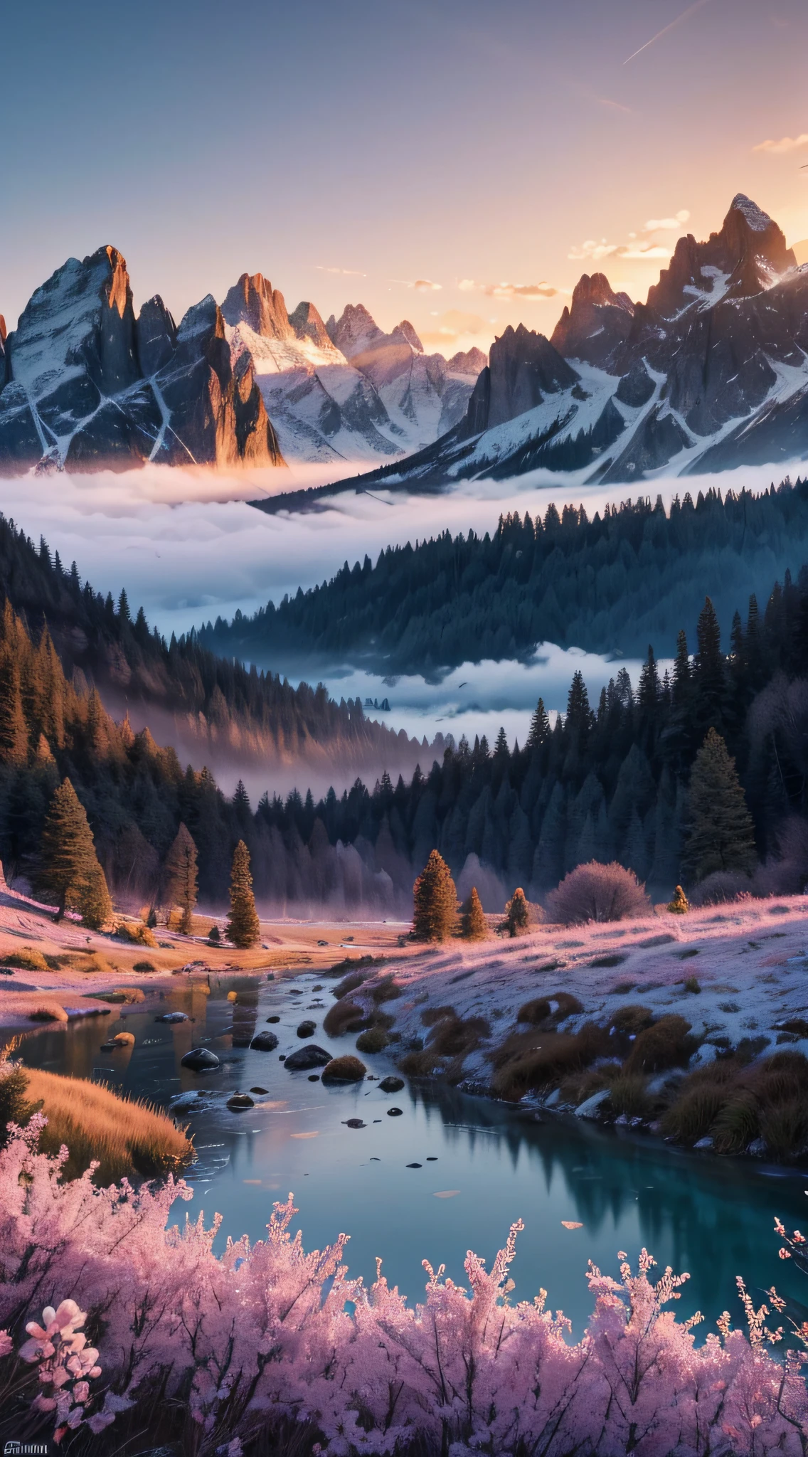 When the first rays of dawn begin to penetrate the mountains, The view becomes breathtaking, Ethereal scene. The towering peaks of these majestic mountains are bathed in soft waters, when the sun emerges from the horizon,Presents a rosy hue, project warmth, A soft glow over rugged terrain. Dolomites jagged mountains、Dramatic silhouettes against a brightening sky, Create stunning contrast. Low lying morning fog in the valley, Giving the landscape an almost mystical quality. Snow-covered mountain tops capture the early morning sun, Sparkling like diamonds in the pure mountain air. As the sunrise progresses, Colors evolve from delicate pinks and purples to vibrant oranges and golds, Illuminate the entire range with magical light. At this moment,The tranquility of the landscape evident, Invite someone to pause, reflecting, Immerse yourself in nature'The most sublime beauty of tranquility.