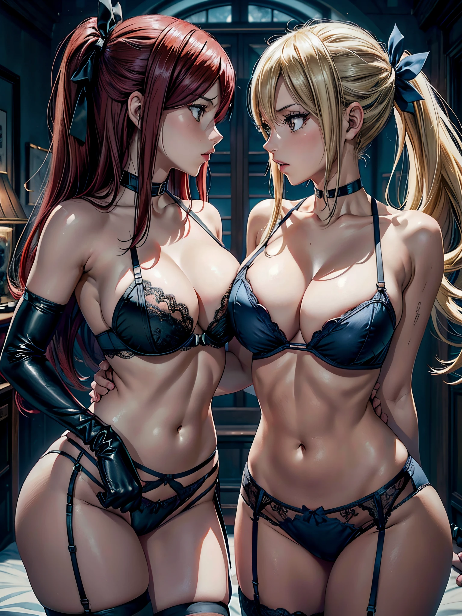 2 women, photoshoot poses, Erza Scarlet and Lucy Heartfilia posing together, Erza Scarlet wearing black, Lucy Heartfilia wearing white, ((Erza Scarlet) red hair, long hair, ponytail, white ribbon, hair over one eye, brown pupils, large breasts, collarbone, in latex elbow gloves, black lingerie, black bra, nipple slip, no shirt, thigh high lingerie, black panties, garter belt, showing sternum, showing stomach, belly button piercing, choker), ((Lucy Heartfilia) blonde, long hair, blue bow in hair, brown pupils, blue lingerie, blue stockings, blue garter belt, blue bra, white choker, large breasts, collarbone, white elbow glovelush, bedroom, giant tits, night time, (facing each other, kissing)