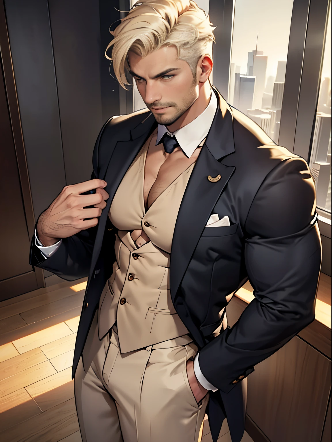 distinguished gentleman in a suit, light-colored hair, chest revealed, bare chest, pec muscles, buttons open, mature, stubble, CEO in a penthouse skyline view, confident posture, muscular, revealing clothes